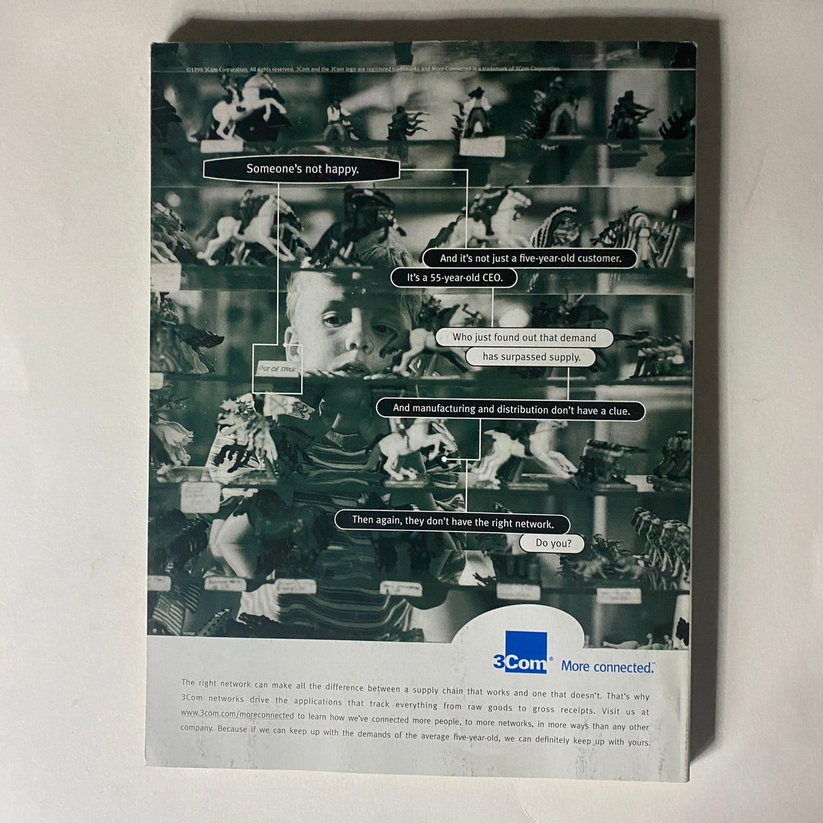 Back cover of Fortune Magazine November 9, 1998, featuring an advertisement for 3Com with visuals of toys and a child, emphasizing supply chain management.