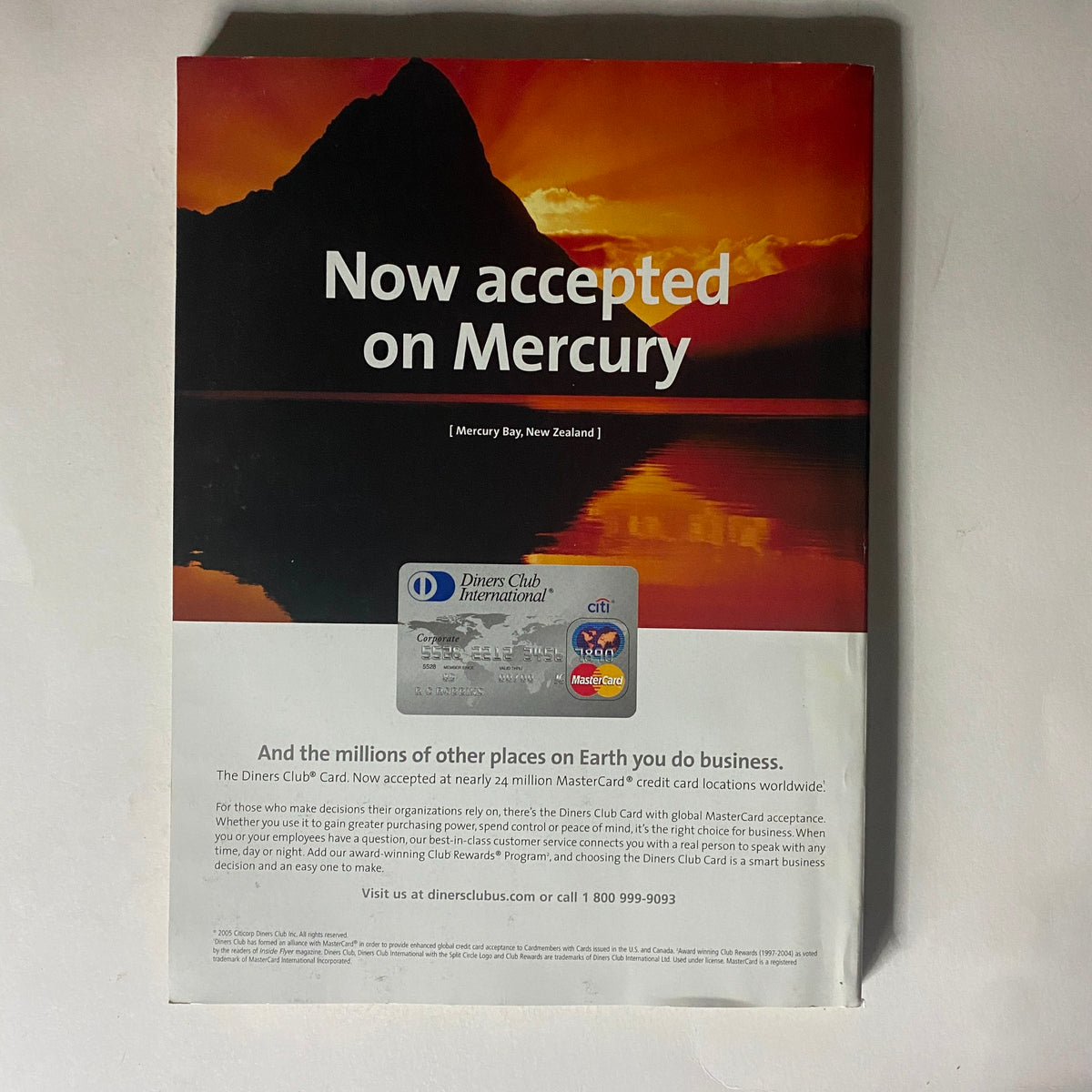 Back cover of Fortune Magazine September 19, 2005 75th Anniversary Special Issue, advertising Diners Club International with a scenic image of Mercury Bay, New Zealand.