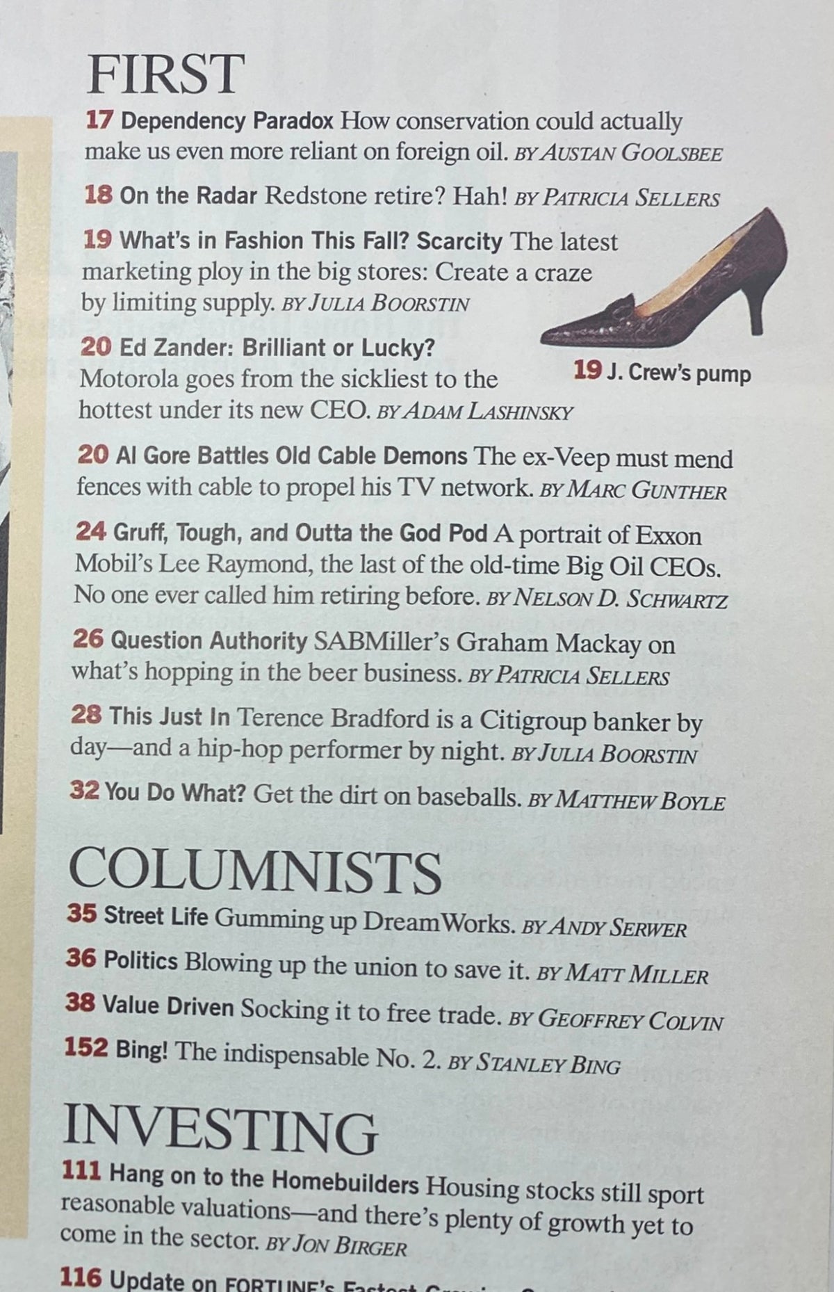 Inside page from Fortune Magazine, August 22, 2005 displaying article titles including 'Dependency Paradox' and 'Investing' section, offering insights into business trends and strategies.