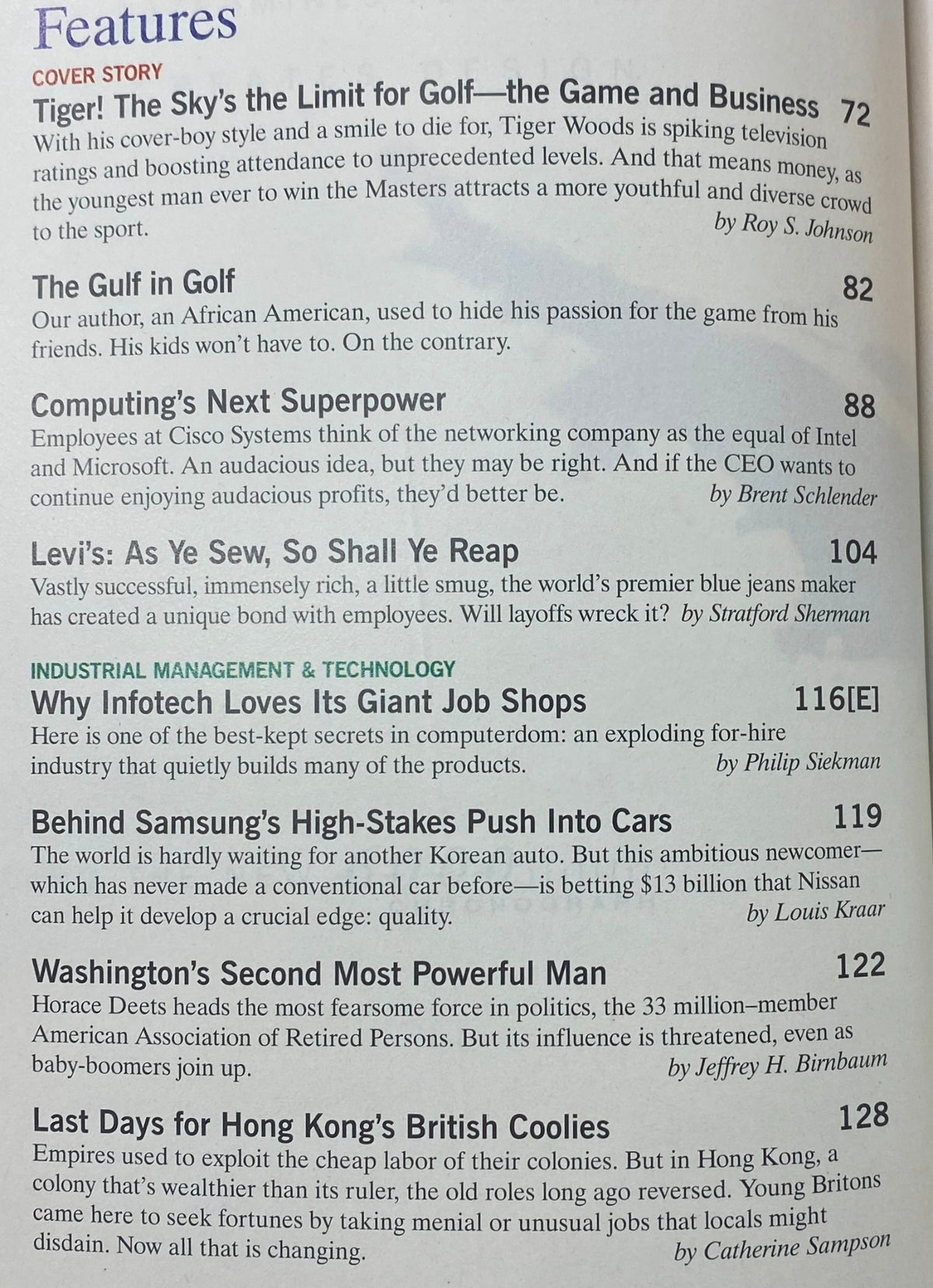 Features page from Fortune Magazine, May 12, 1997. Highlights include 'Tiger! The Sky’s the Limit for Golf' discussing Tiger Woods and his influence on the game of golf.