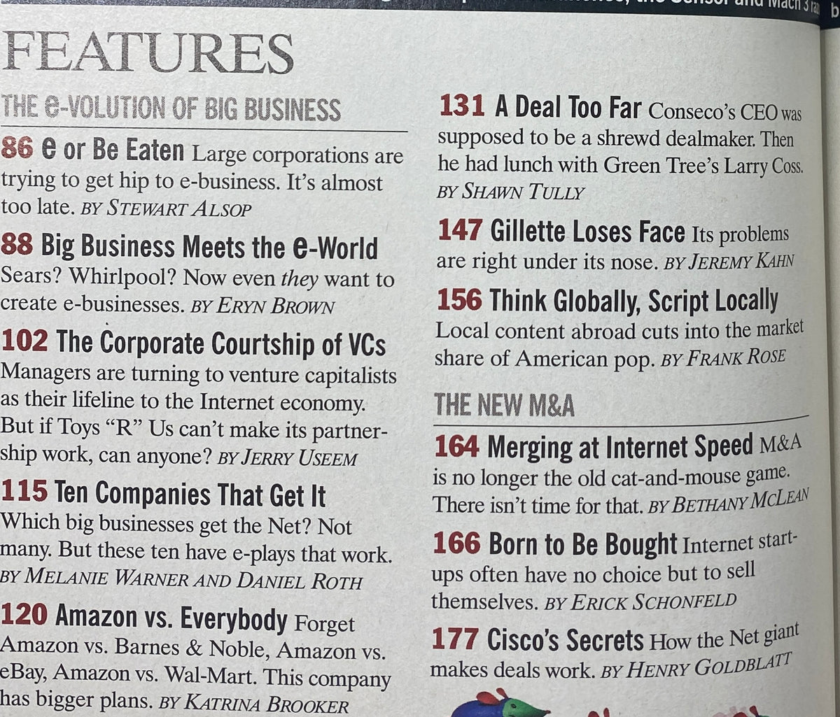 Table of contents of Fortune Magazine November 8, 1999 featuring key articles on the evolution of big business, including topics like corporate strategies, venture capital, and e-business.