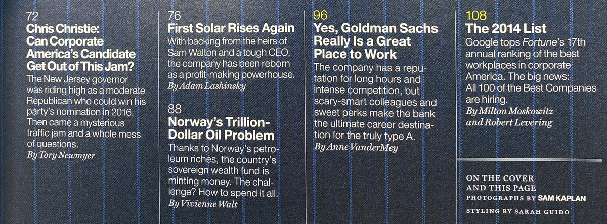 Fortune Magazine February 3, 2014 cover featuring Chris Christie article, Goldman Sachs workplace analysis, and the 2014 Best Companies List.