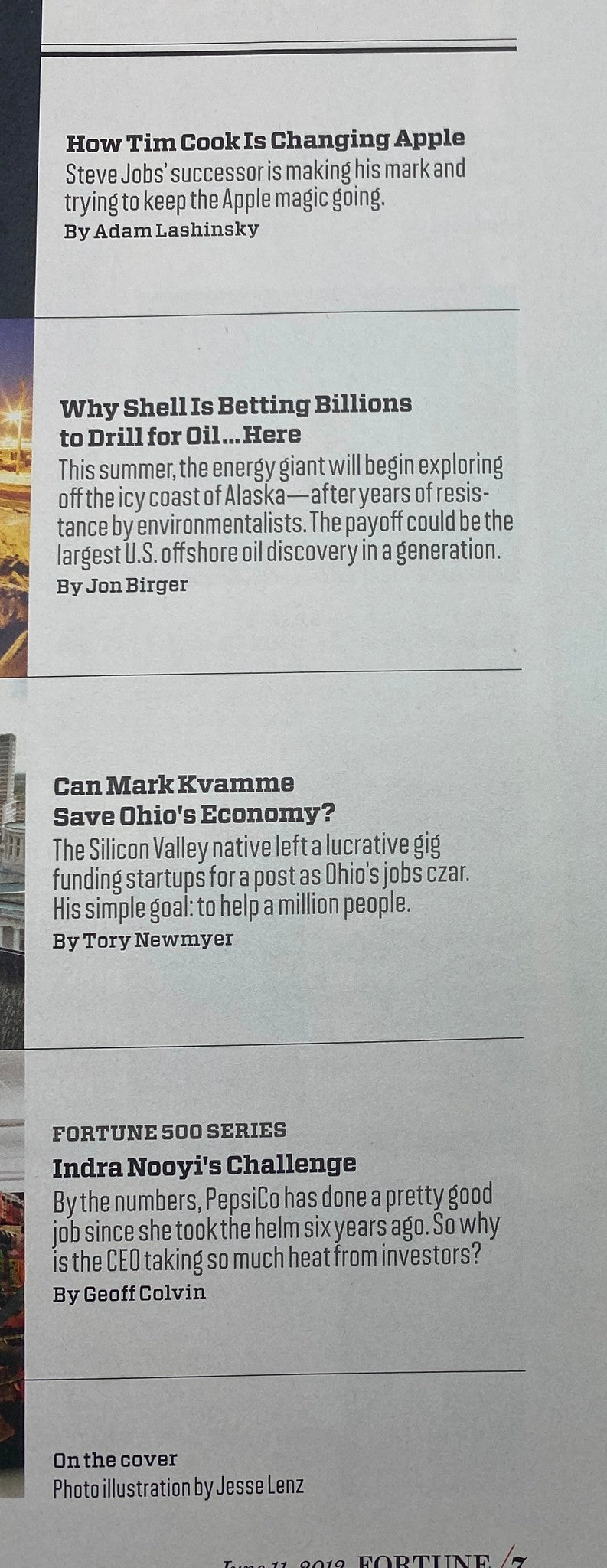 Inside pages of Fortune Magazine June 11, 2012, detailing articles including 'How Tim Cook Is Changing Apple', 'Why Shell Is Betting Billions to Drill for Oil... Here', and 'Can Mark Kvamme Save Ohio's Economy?'