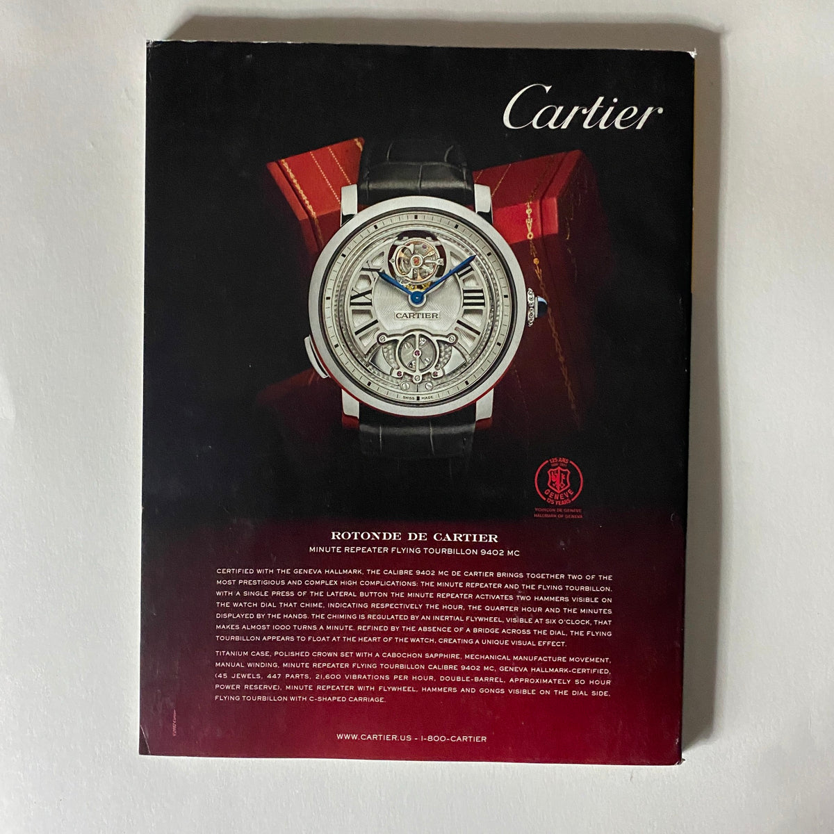Back cover of a Cartier watch advertisement featured in the Fortune Magazine June 11, 2012. The ad showcases the Rotonde de Cartier timepiece, emphasizing luxury and craftsmanship.