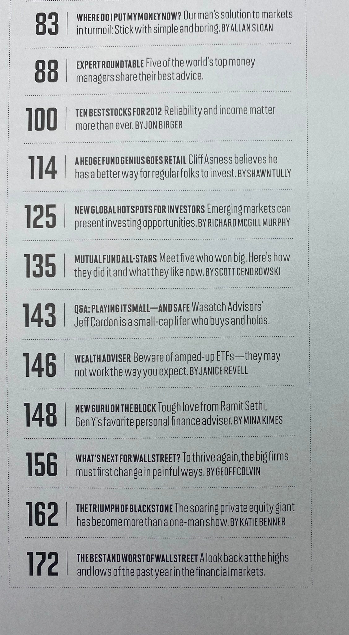 Fortune Magazine December 26, 2011 Investor's Guide 2012 Special Issue interior page showcasing articles on financial advice, mutual funds, and market analysis.