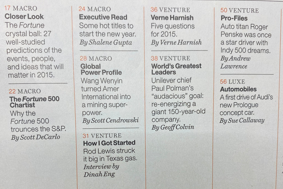 Inside look at Fortune Magazine December 22, 2014 Investor's Guide 2015 showcasing articles and features such as The Fortune 500 Chartist and executive profiles.