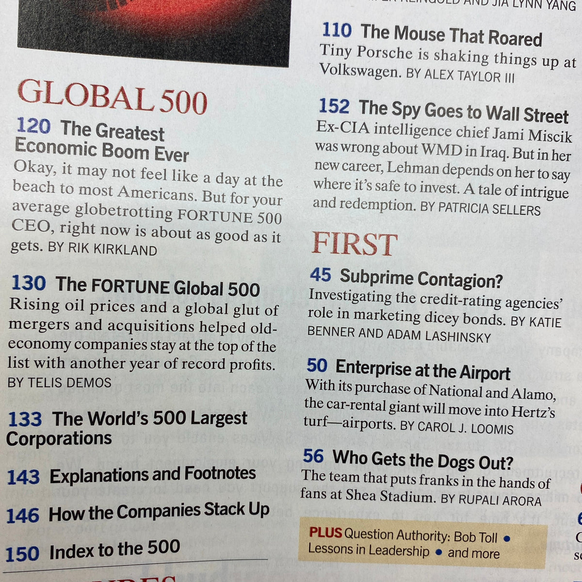 Inside page of Fortune Magazine July 23, 2007, showcasing the Global 500 list and various articles, reflecting on the world's largest corporations and economic trends.