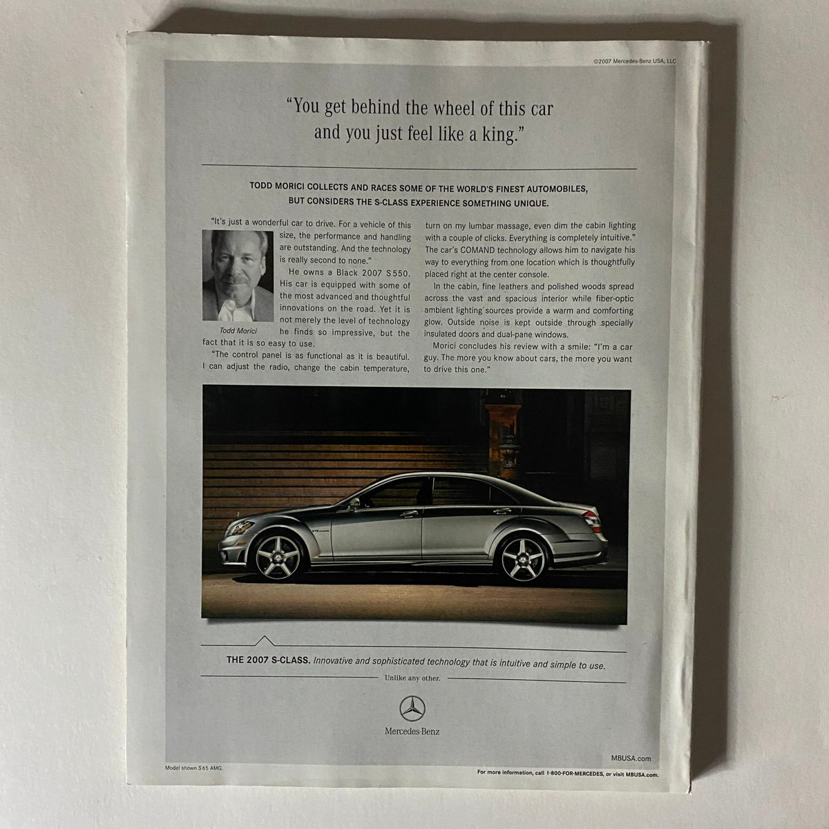 Mercedes-Benz advertisement featuring the 2007 S-Class, showcasing luxury and sophistication, from the Fortune Magazine July 23, 2007 issue.
