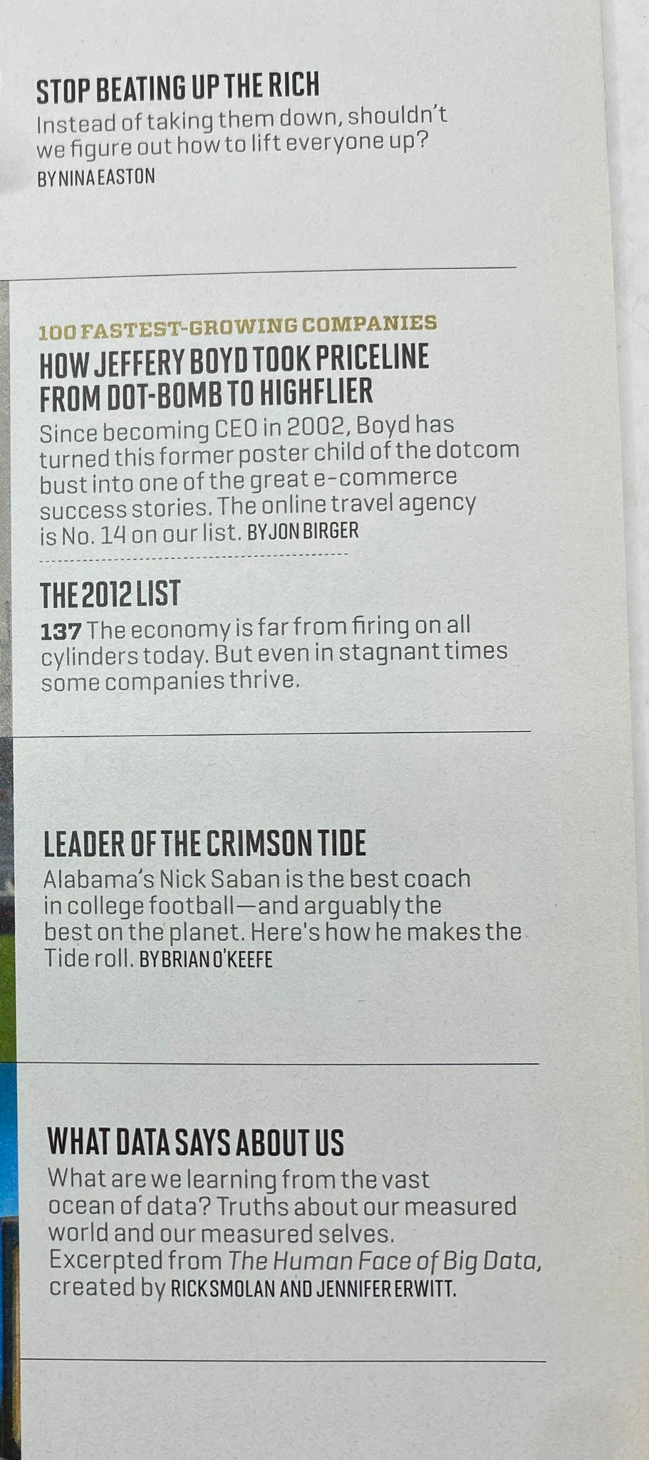 Inside spread of Fortune Magazine September 24, 2012 highlighting articles on 'Stop Beating Up the Rich' by Nina Easton and '100 Fastest-Growing Companies' discussing Priceline CEO Jeffrey Boyd.