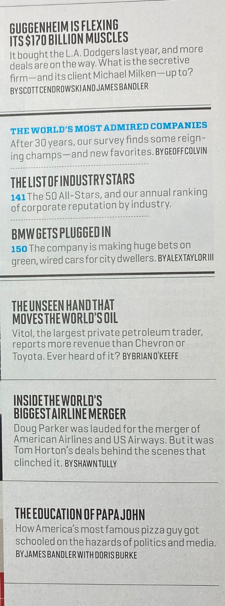 Interior page from Fortune Magazine March 18, 2013, featuring sections including 'Guggenheim is Flexing Its $170 Billion Muscles' and 'The World’s Most Admired Companies'.