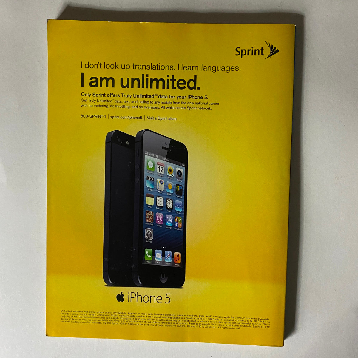Back cover of Fortune Magazine March 18, 2013, showing an advertisement for Sprint and its iPhone 5 promotional offerings.