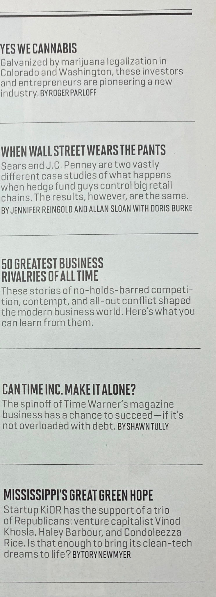 Interior page of Fortune Magazine, April 8, 2013, showcasing articles such as 'Yes We Cannabis' and 'When Wall Street Wears the Pants', exploring topics on marijuana legalization and competitive business strategies.