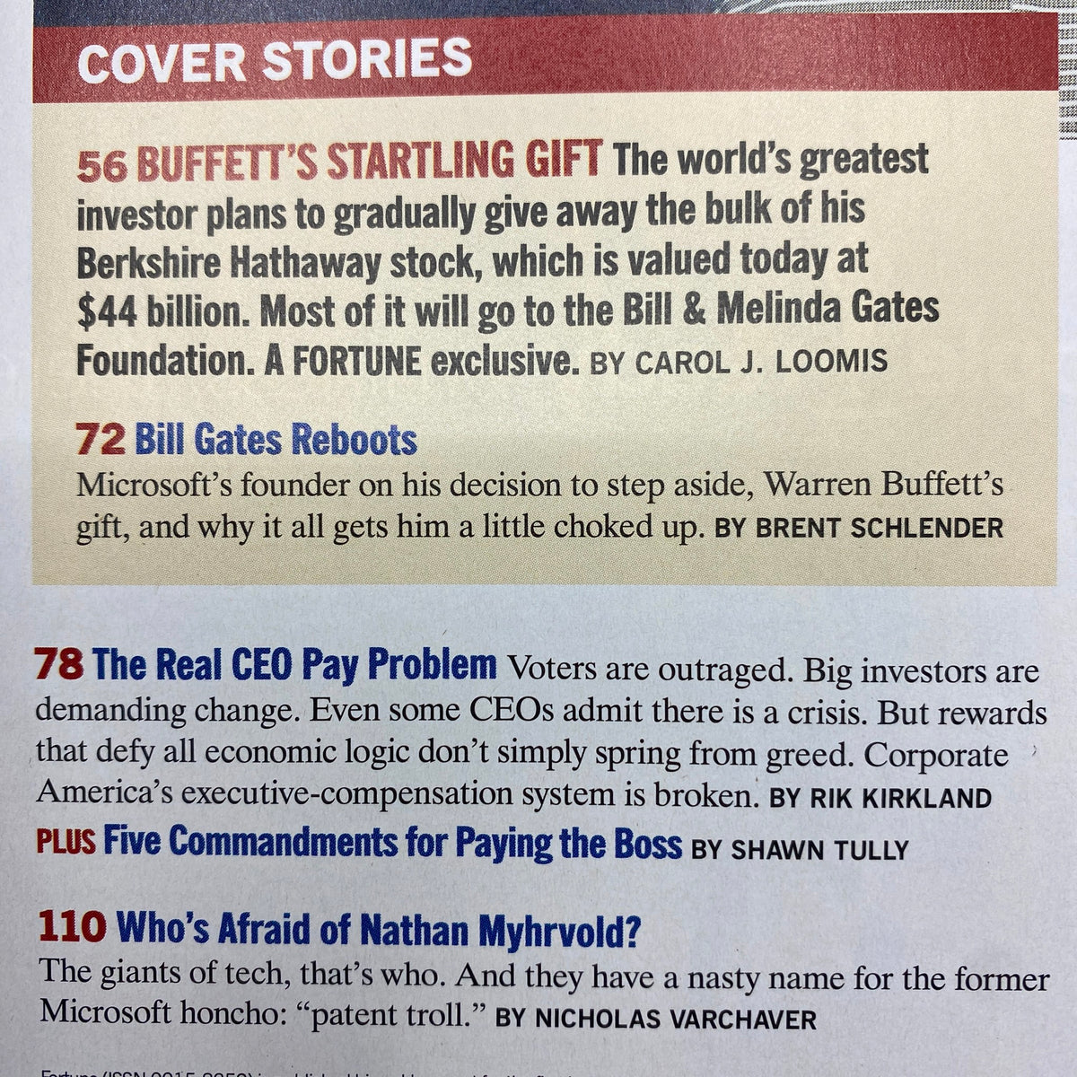 Table of contents page from Fortune Magazine, July 10, 2006, featuring articles including 'Buffett's Startling Gift,' 'Bill Gates Reboots,' and 'The Real CEO Pay Problem'.