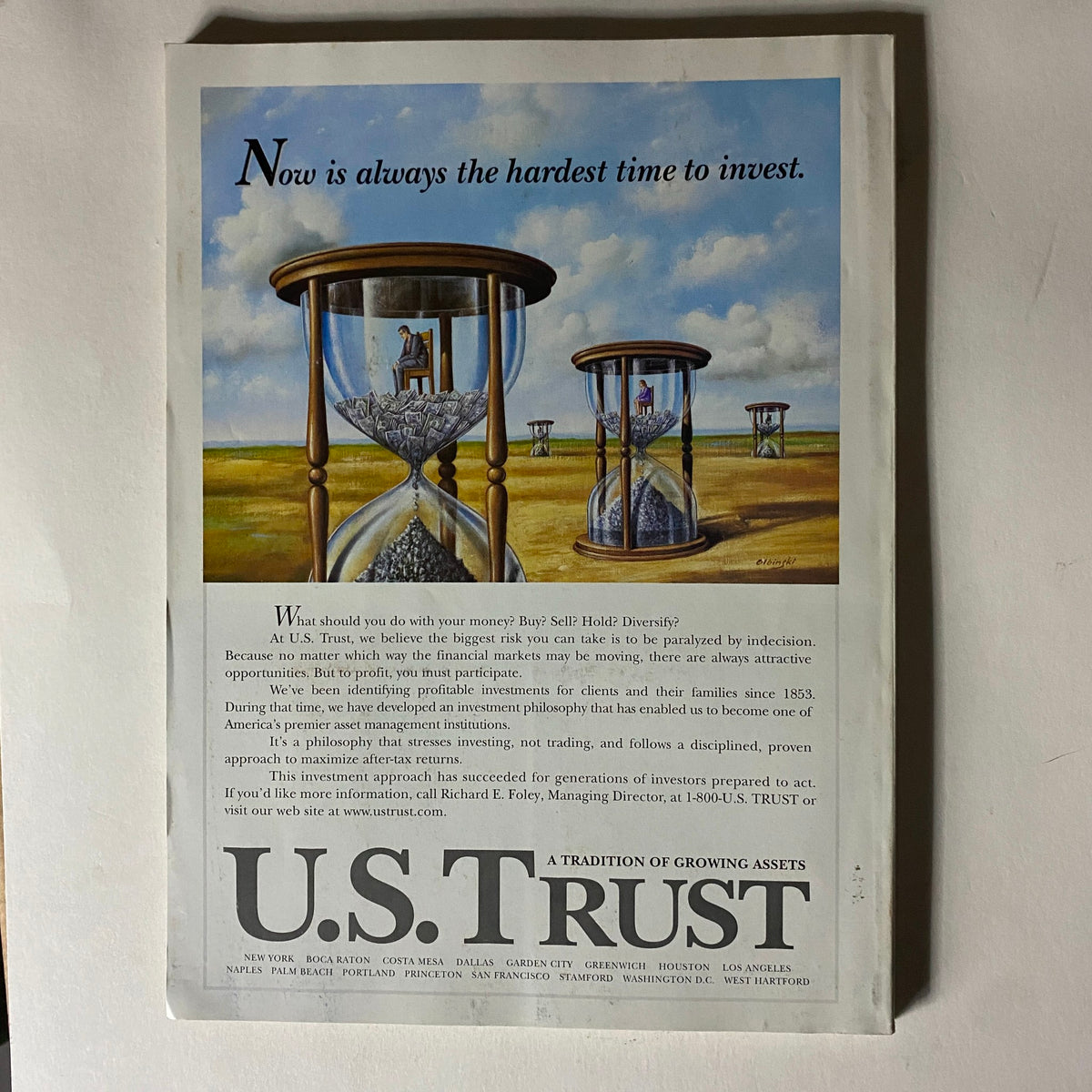 Back advertisement page of Fortune Magazine, June 9, 1997 featuring a U.S. Trust investment ad emphasizing the importance of decisive financial action.