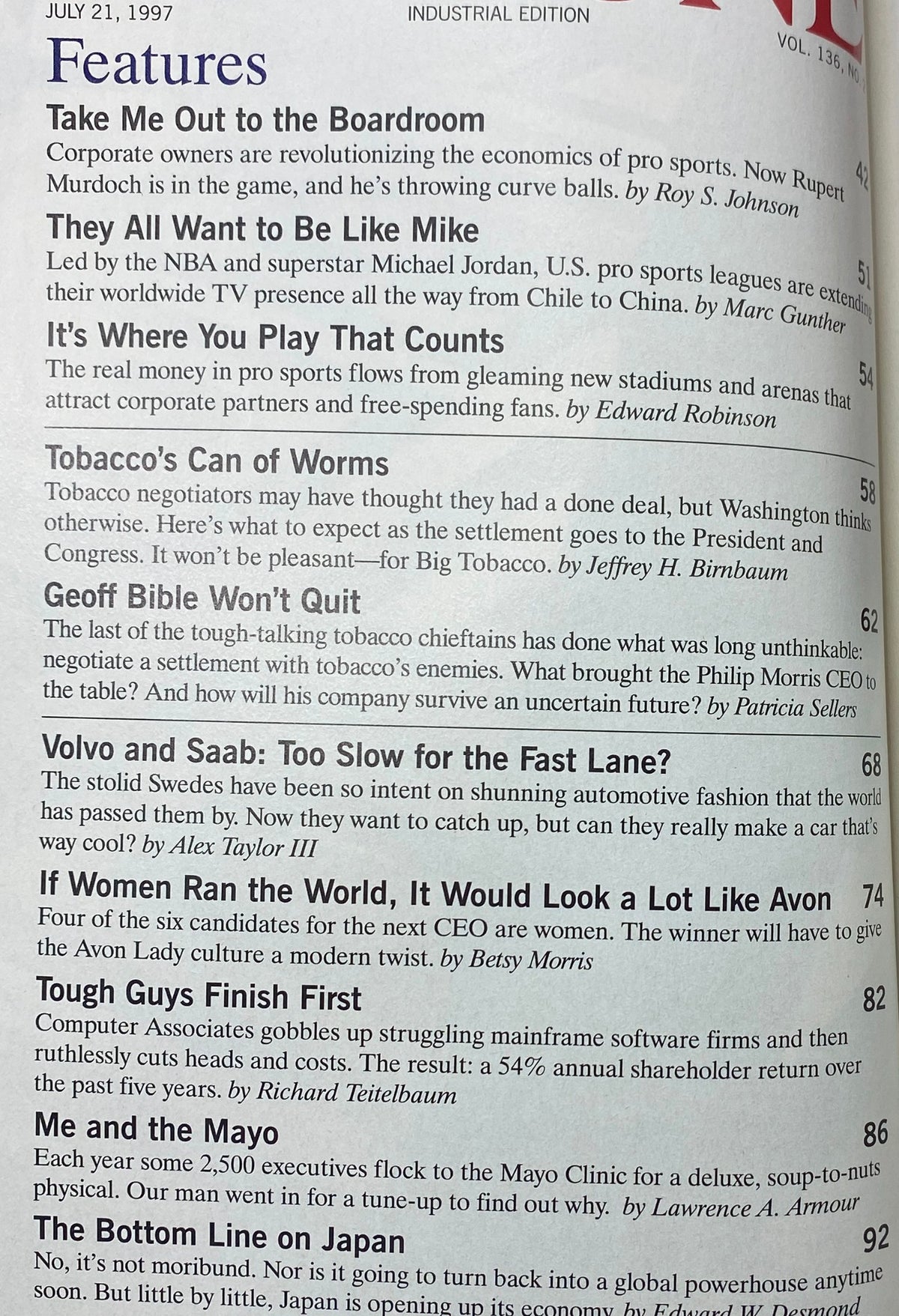 Table of contents from Fortune Magazine July 21, 1997, listing featured articles such as 'Take Me Out to the Boardroom' and 'Tobacco's Can of Worms'.