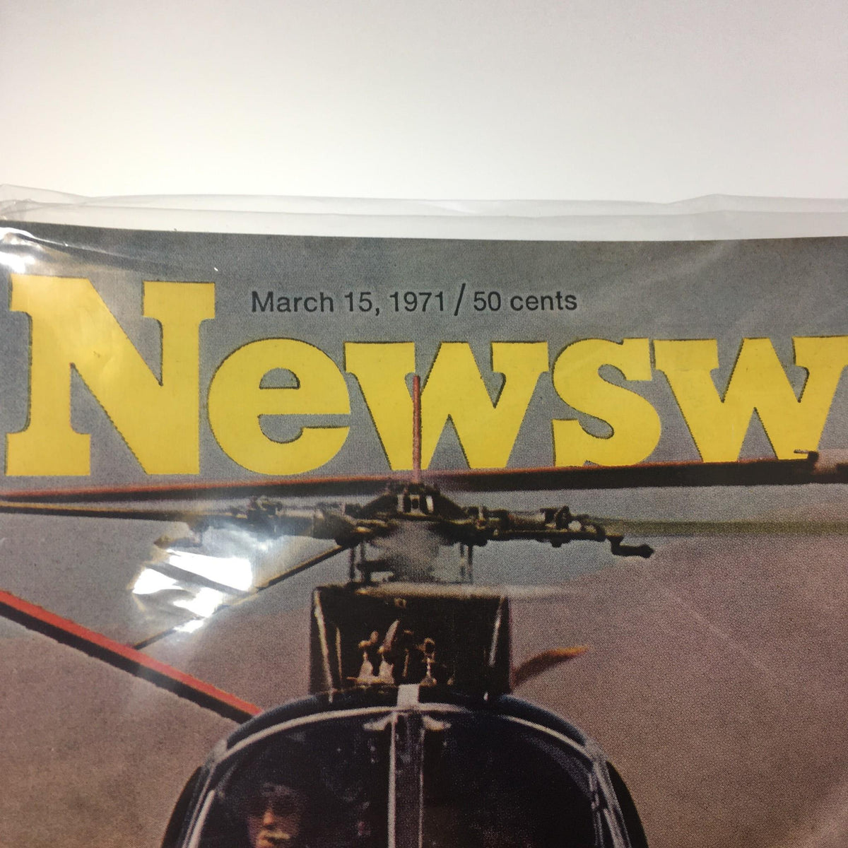 Close-up of the Vintage Newsweek Magazine dated March 15, 1971, emphasizing 'The Helicopter War' title and its publication details.