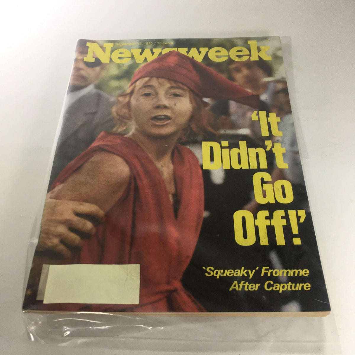 Vintage Newsweek magazine cover featuring the headline 'It Didn't Go Off!' from September 15, 1975, showcasing a woman in a red outfit, capturing a pivotal moment in history.