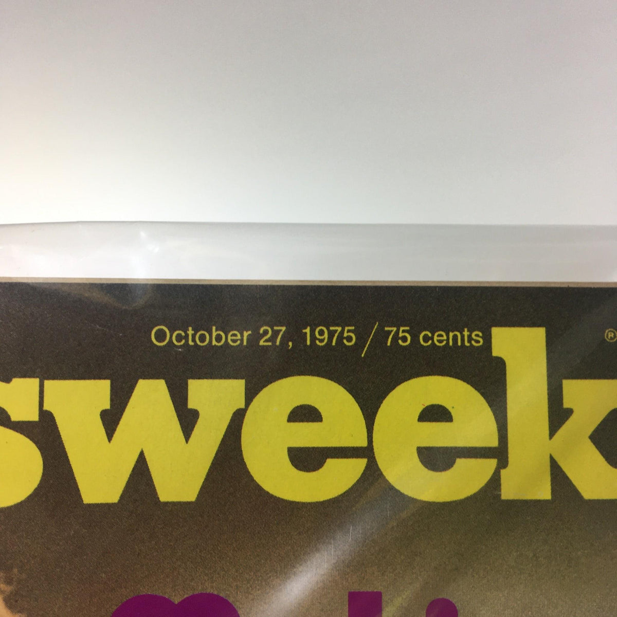 Close-up of the publication date on Vintage Newsweek Magazine 'Making of a Rock Star,' October 27, 1975.
