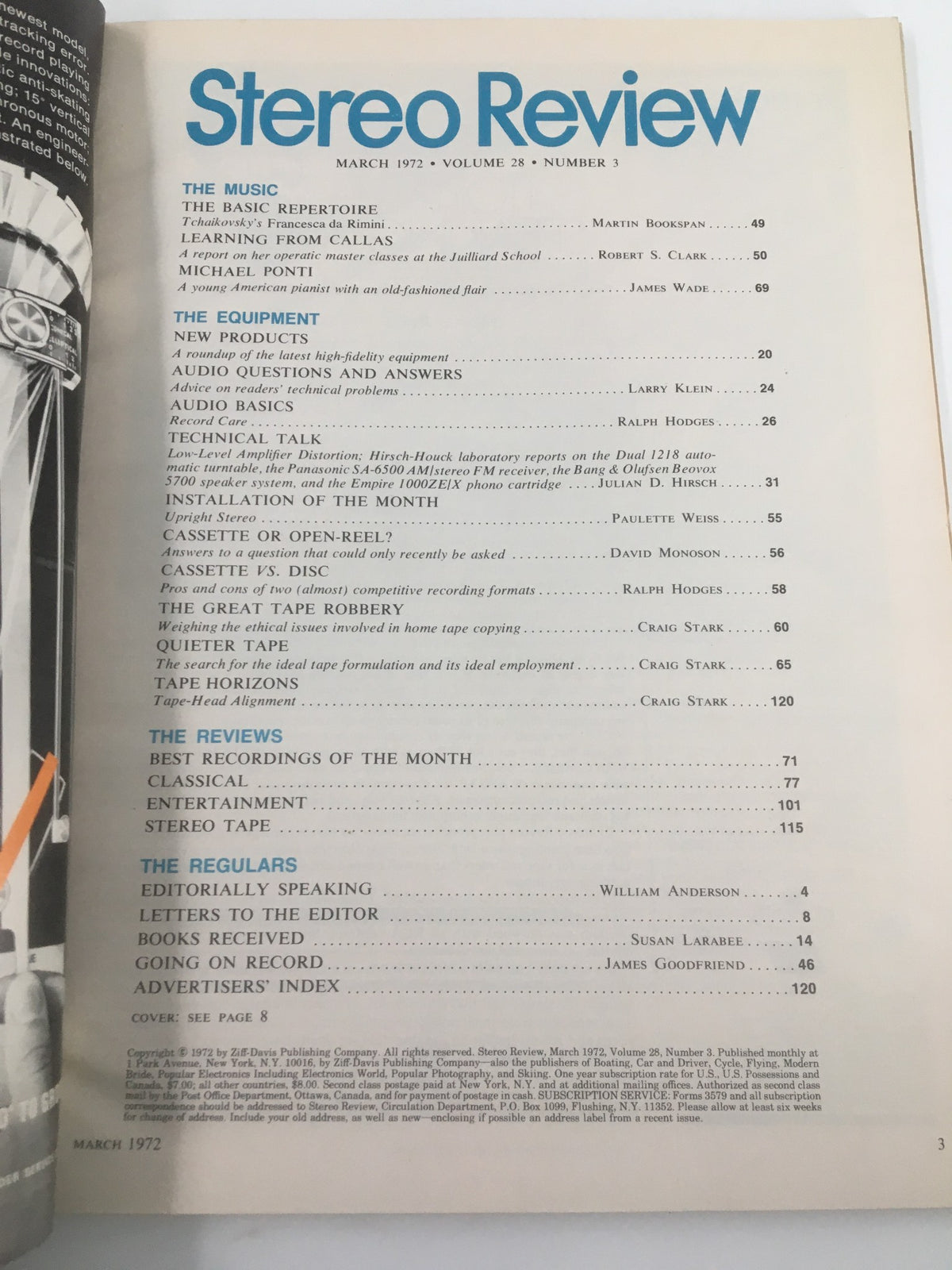 Inside page of VTG Stereo Review Magazine March 1972, showcasing various articles and features related to tape recorders, highlighting the publication's dedication to audio technology.