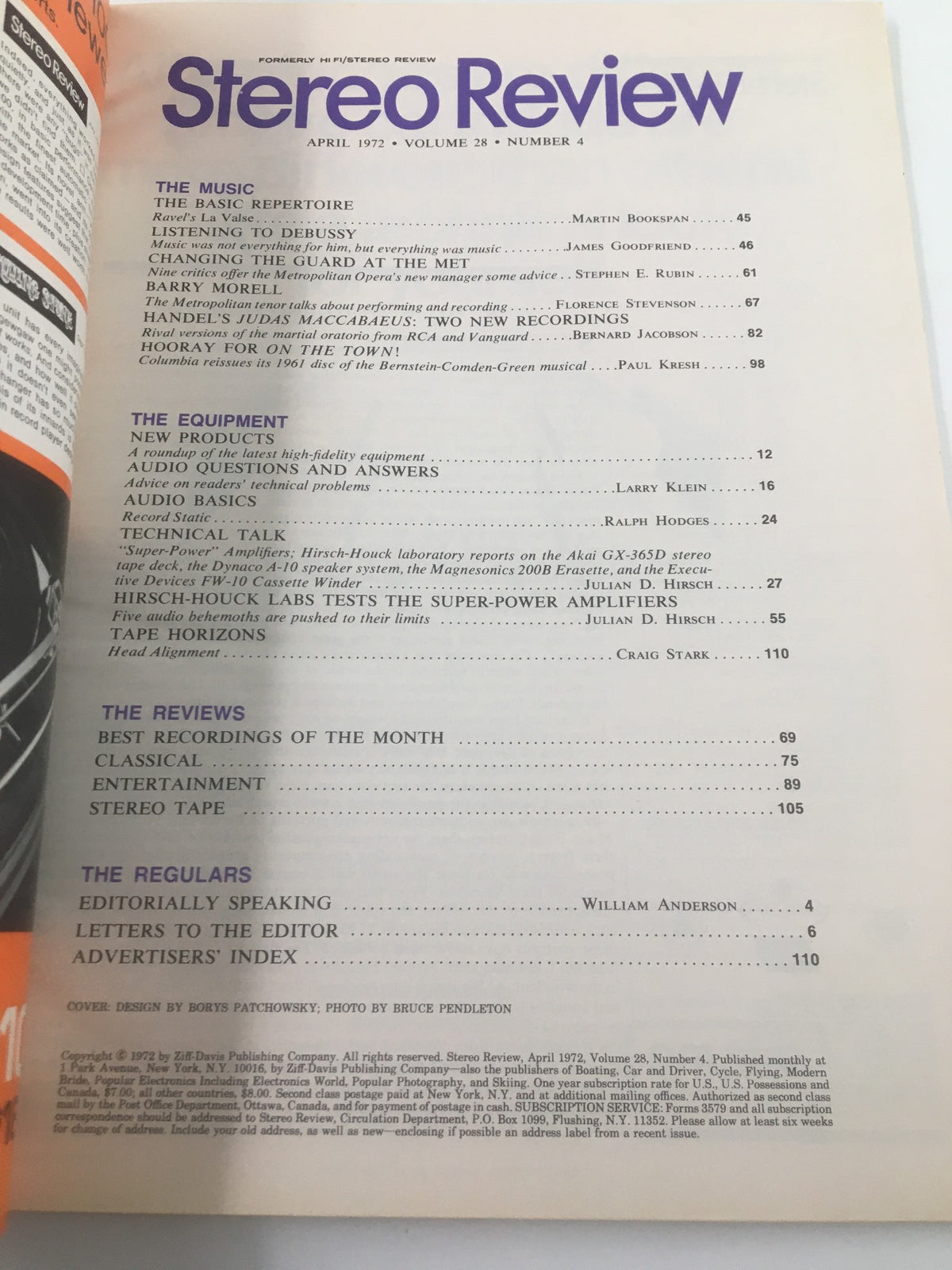 Inside contents page of VTG Stereo Review Magazine April 1972, listing articles including The Super-Amplifier Lab Test, showcasing key topics of audio technology and music.