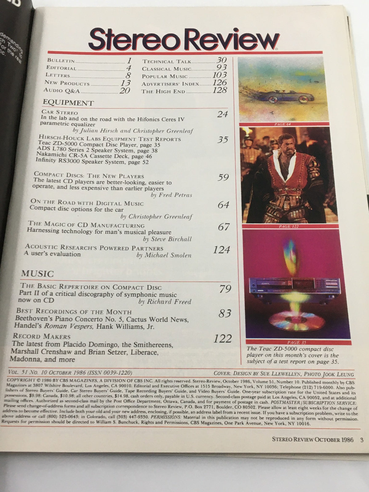 Table of contents from the October 1986 Stereo Review Magazine, detailing various articles and equipment tests including the Teac XD-5000 CD Player. The contents reflect the era's focus on CD technology and audio innovations.