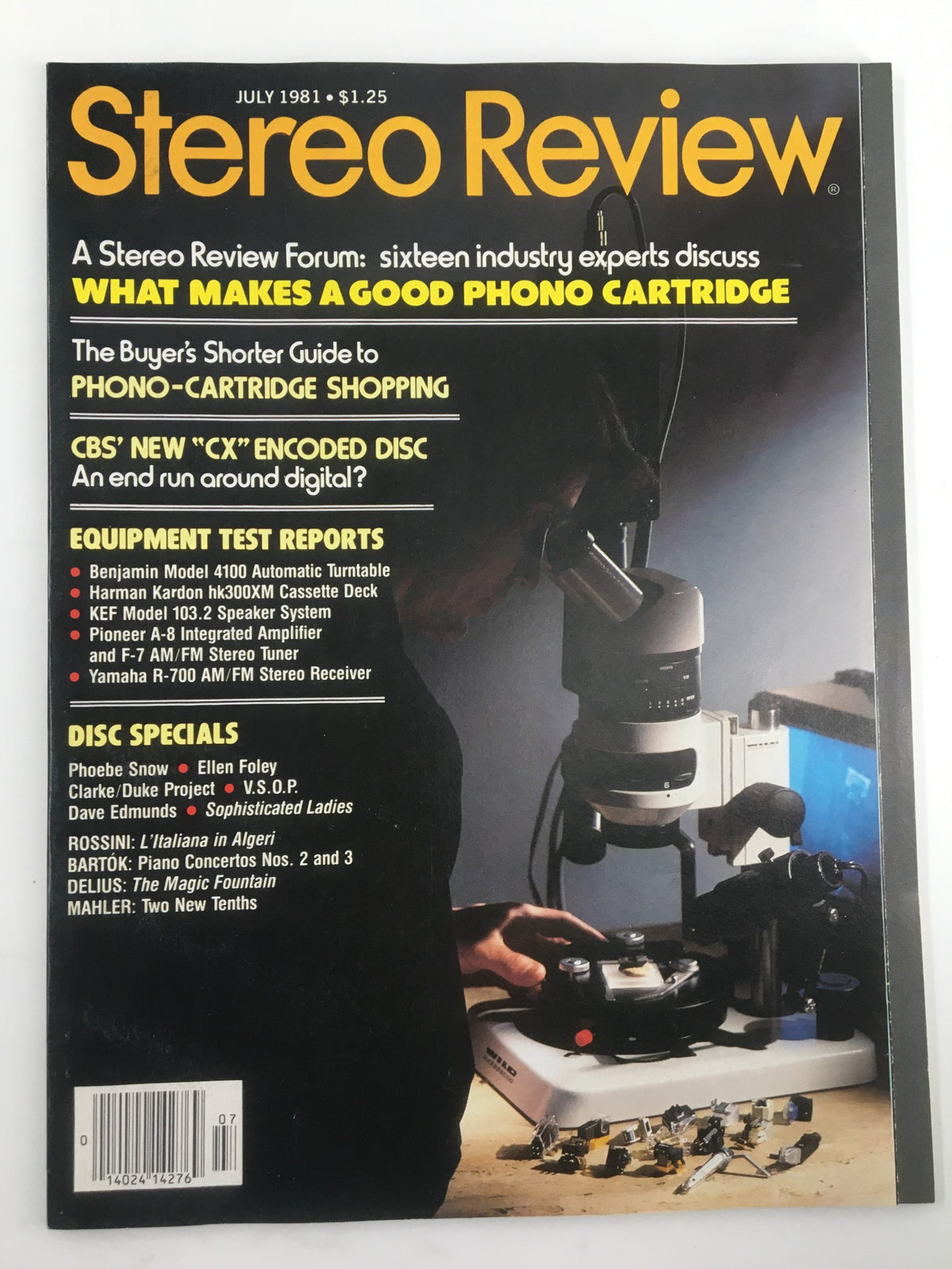 Cover of the July 1981 issue of Stereo Review Magazine featuring the title, articles on phono cartridges, equipment test reports, and audio technology advancements.