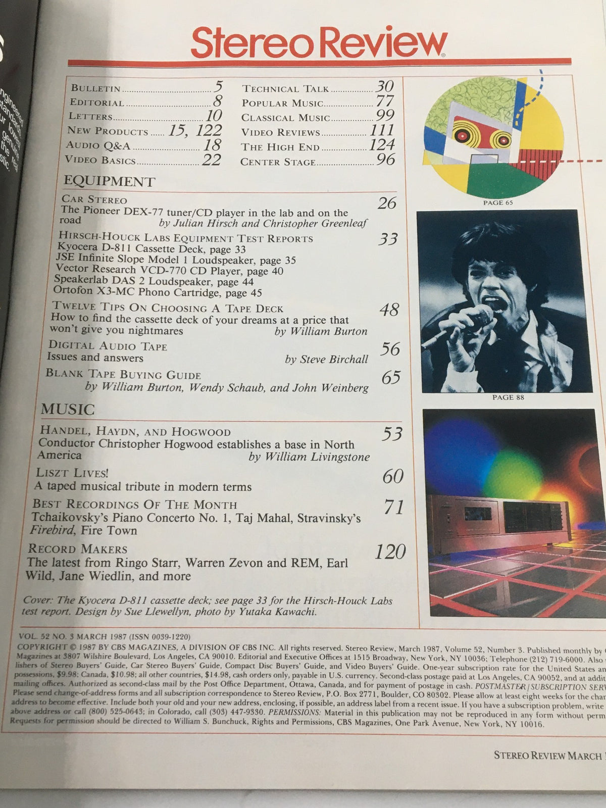 Table of contents from 'VTG Stereo Review Magazine March 1987 Kyocera Cassette Deck Lab Tests No Label', showing various articles including tips on choosing a cassette deck and equipment test reports.