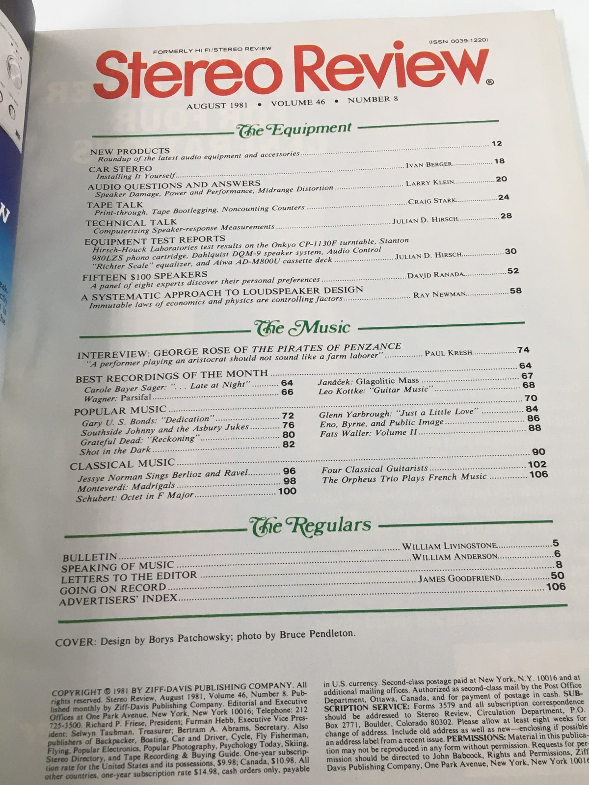 Table of contents from the August 1981 issue of Stereo Review Magazine, titled 'VTG Stereo Review Magazine August 1981 Computerized Speaker Testing No Label,' outlining featured articles on audio equipment, speaker design, and a section on music details.