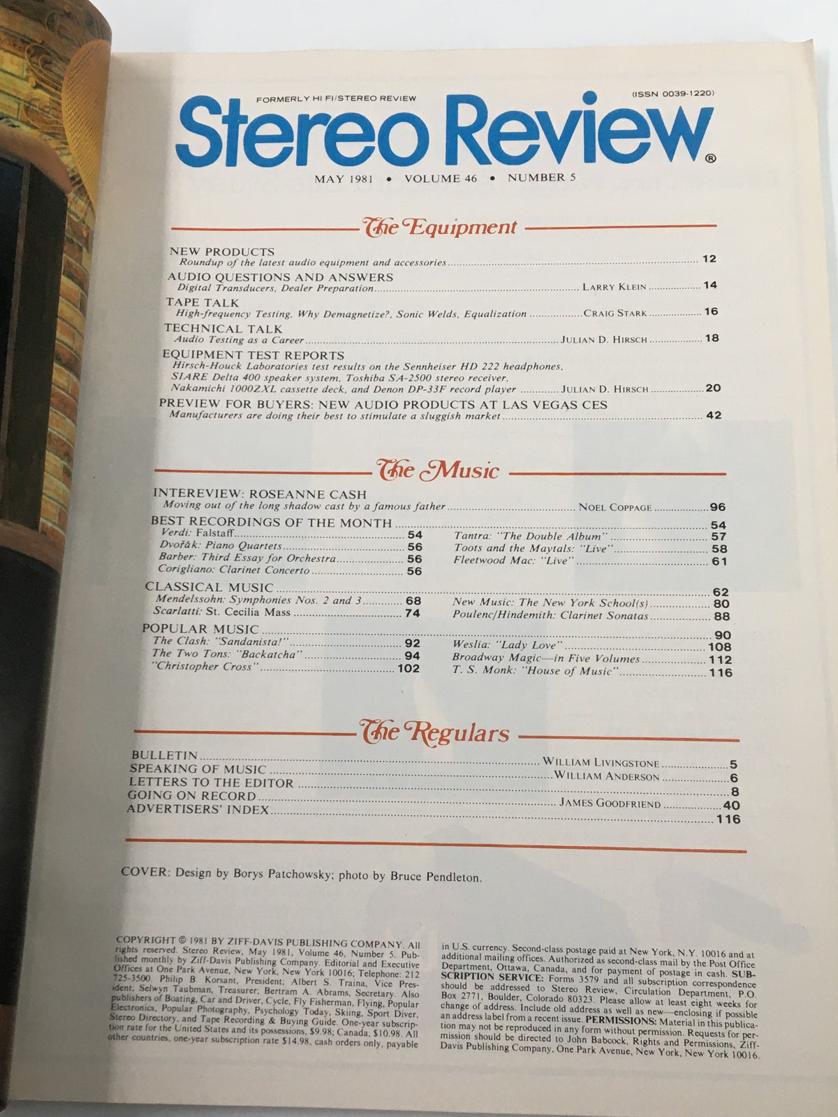 Table of contents from the May 1981 issue of Stereo Review Magazine, featuring articles on Roseanne Cash's 'Seven Year Ache', audio equipment reviews, and popular music of the era.