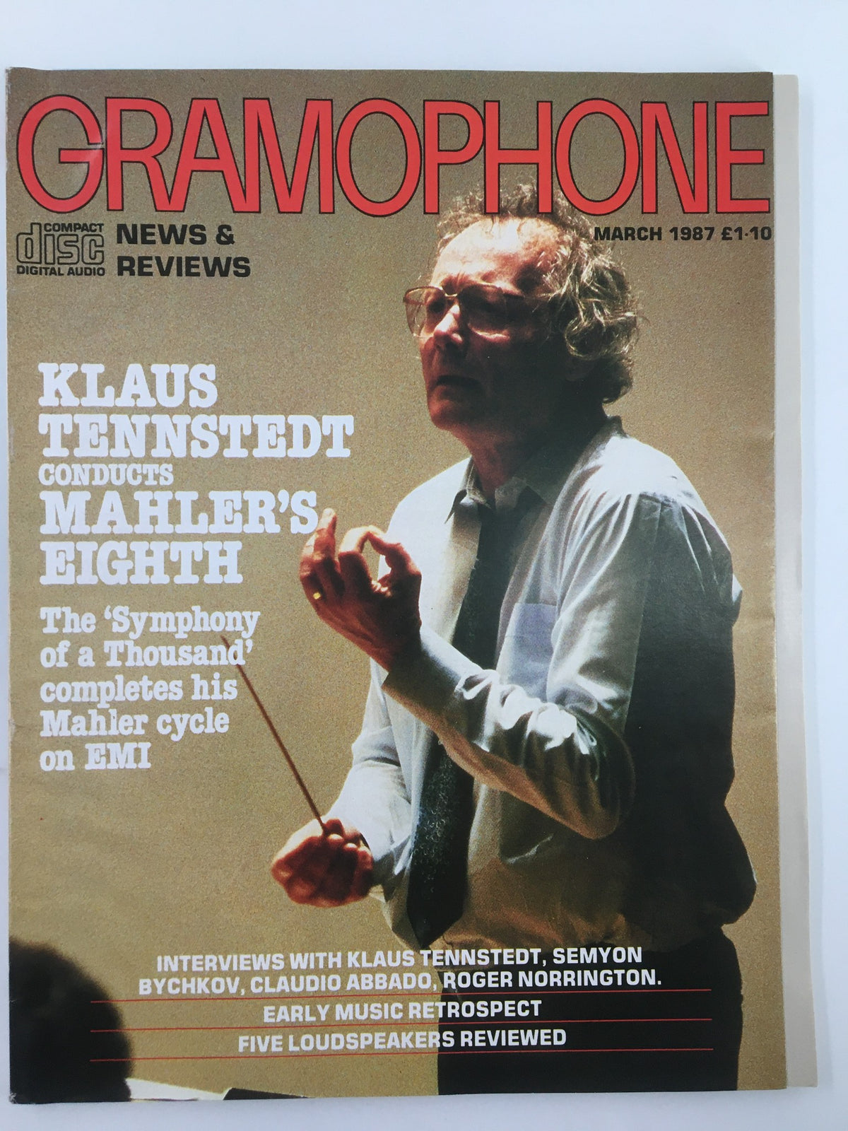 Cover of the VTG Gramophone Magazine from March 1987 featuring Klaus Tennstedt conducting Mahler's Eighth Symphony. The magazine highlights interviews and reviews related to classical music.