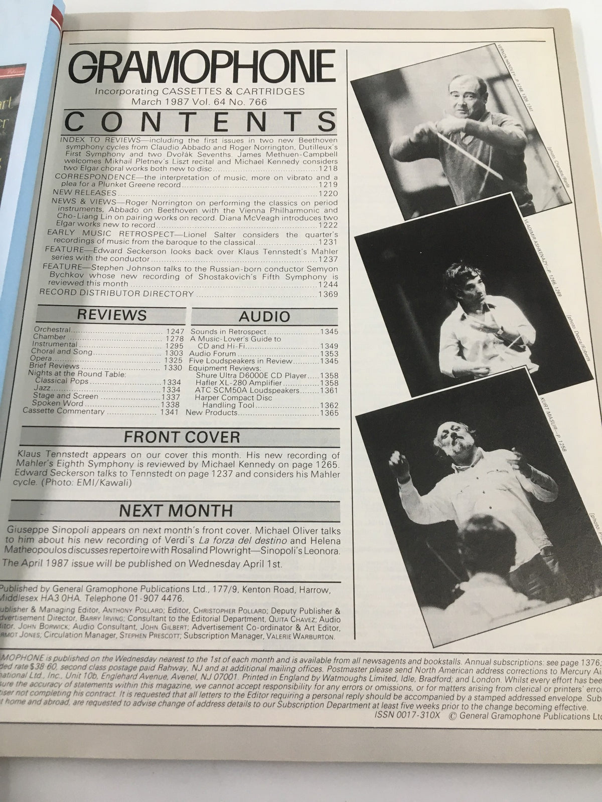 Contents page of VTG Gramophone Magazine March 1987 detailing articles, reviews, and features related to classical music, including Klaus Tennstedt and Mahler's Eighth Symphony.