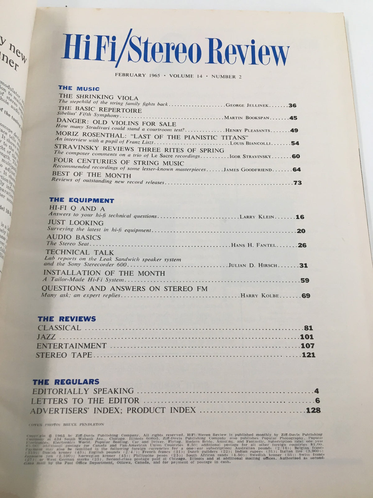 Interior page of the VTG HiFi/Stereo Review Magazine February 1965, displaying the table of contents with articles and features related to music and audio equipment.