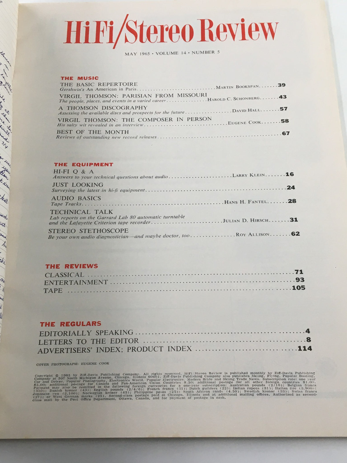 VTG HiFi/Stereo Review Magazine May 1965 Table of Contents featuring articles on composer Virgil Thompson, audio technology insights, and classic record reviews.
