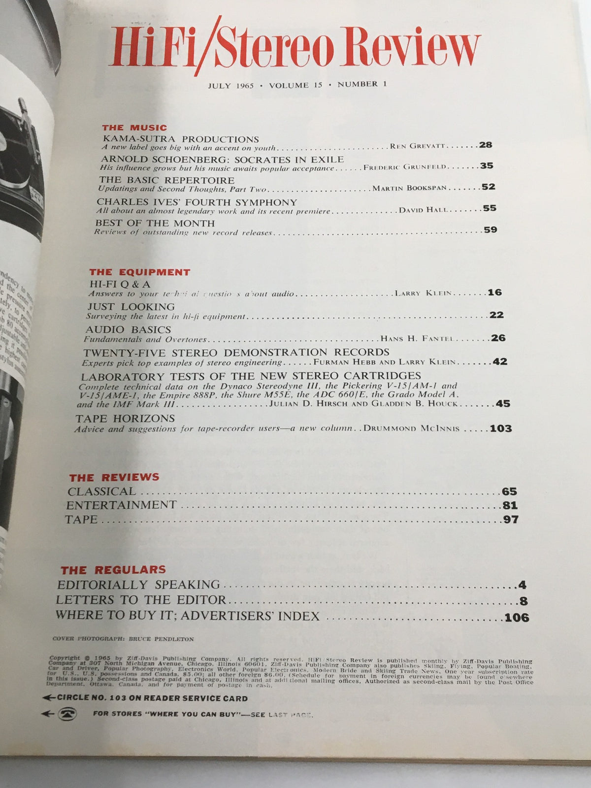 Page from VTG HiFi/Stereo Review Magazine July 1965 featuring the table of contents, highlighting articles on music, audio equipment, and reviews, showcasing the historical significance of 1960s audio technology.