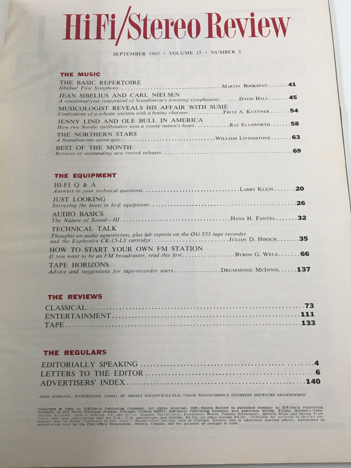 Cover page of the VTG HiFi/Stereo Review Magazine September 1965 featuring articles on Jean Sibelius and Carl Nielsen, showcasing music reviews, equipment insights, and vintage music culture.