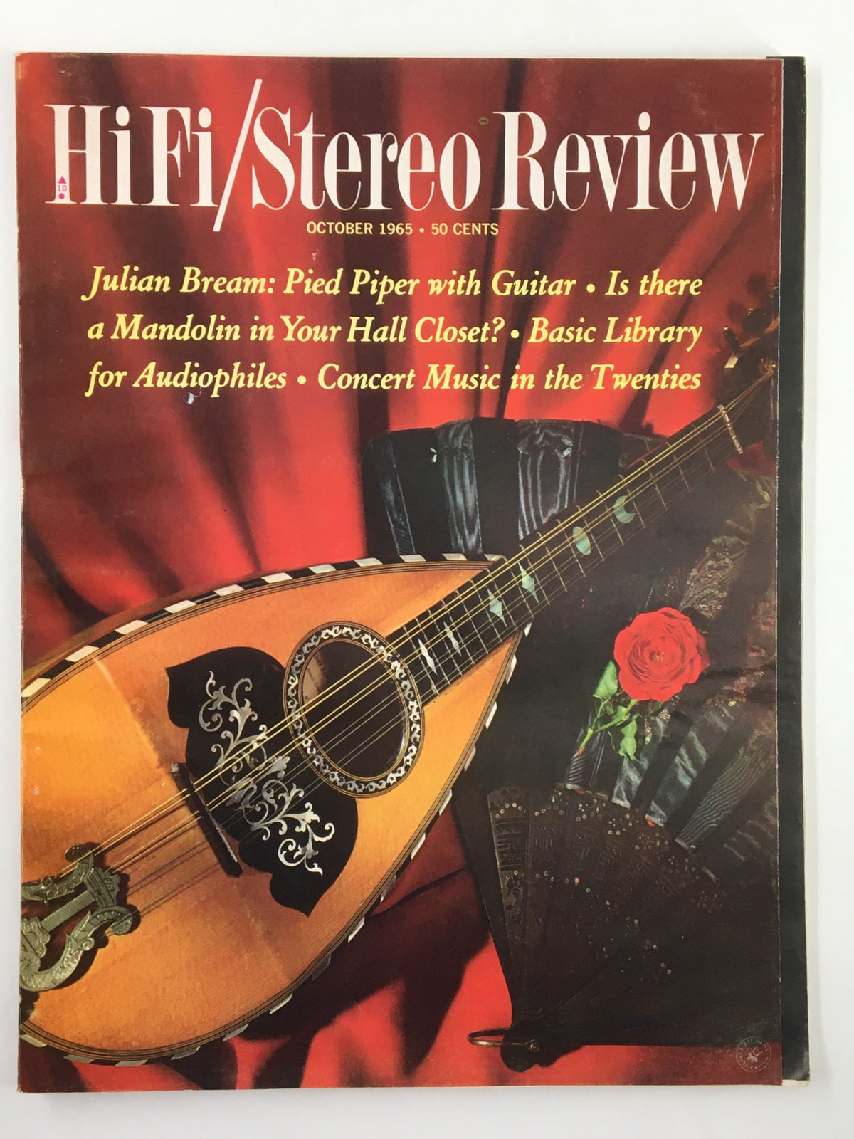 Cover of VTG HiFi/Stereo Review Magazine October 1965 featuring Julian Bream's Pied Piper with Guitar, highlighting vintage audio culture.