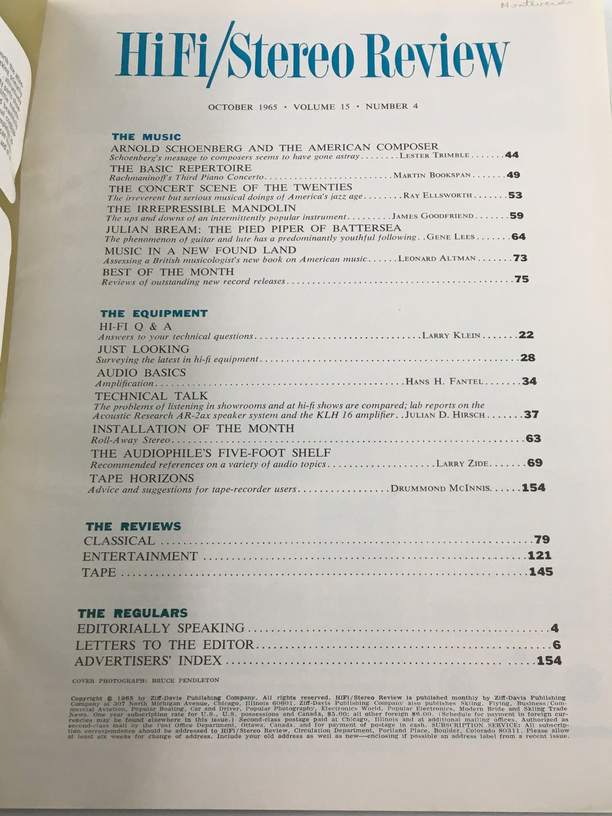 Table of contents from VTG HiFi/Stereo Review Magazine October 1965, showcasing articles on music and audio technology.