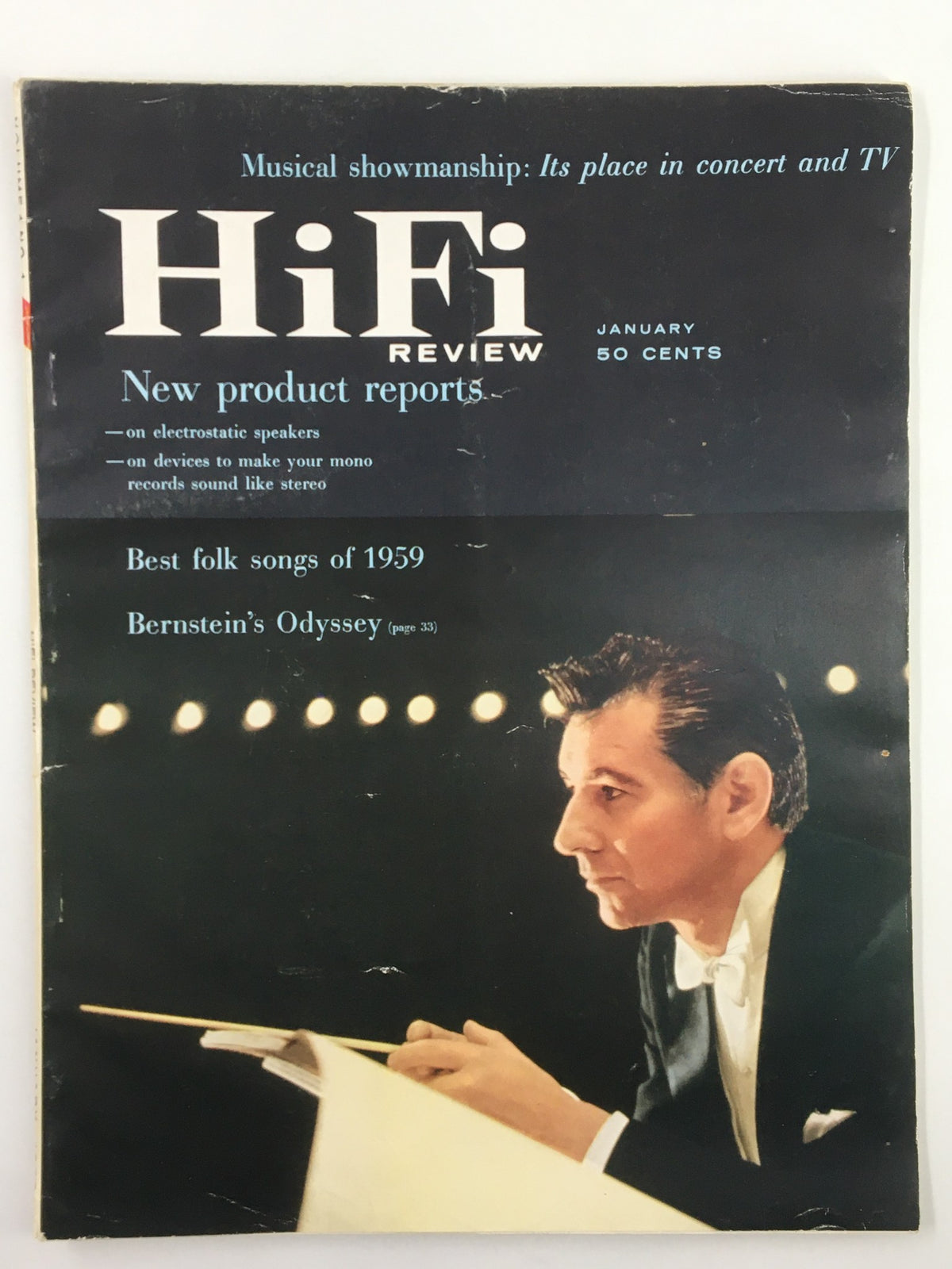 Cover of VTG HiFi Review Magazine January 1960 featuring Leonard Bernstein, showcasing articles on new audio products and classical music.