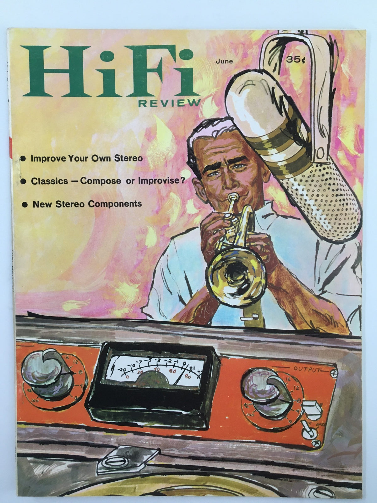 Cover of the VTG HiFi Review Magazine from June 1959 featuring a trumpet player, emphasizing the theme 'Classics: Compose or Improvise?', perfect for collectors of vintage audio publications.