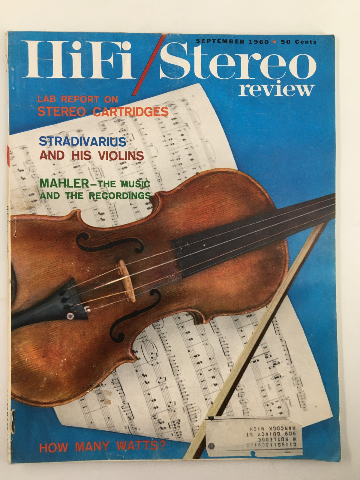 Vintage HiFi/Stereo Review Magazine cover from September 1960 featuring an article on Mahler, a violin, and musical sheet background, highlighting the theme 'Mahler – The Music and The Recordings'.