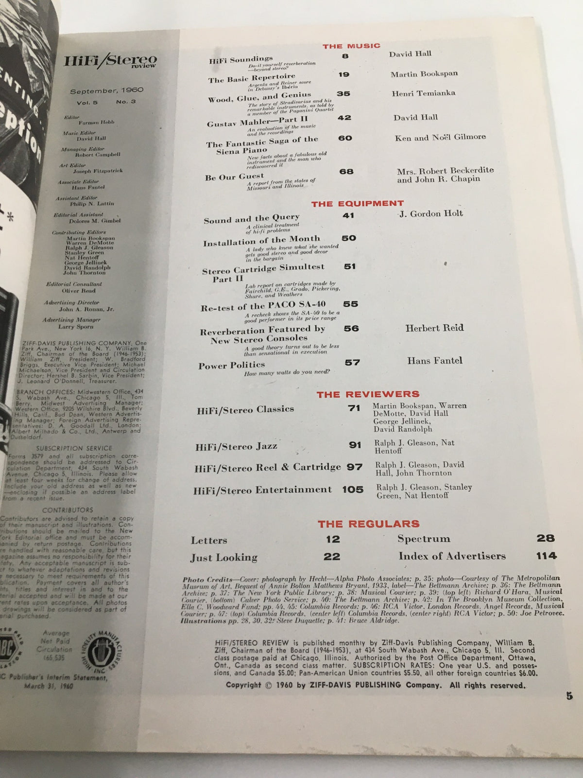 Table of contents from the VTG HiFi/Stereo Review Magazine, September 1960, showcasing articles on Gustav Mahler and various music reviews and equipment insights.