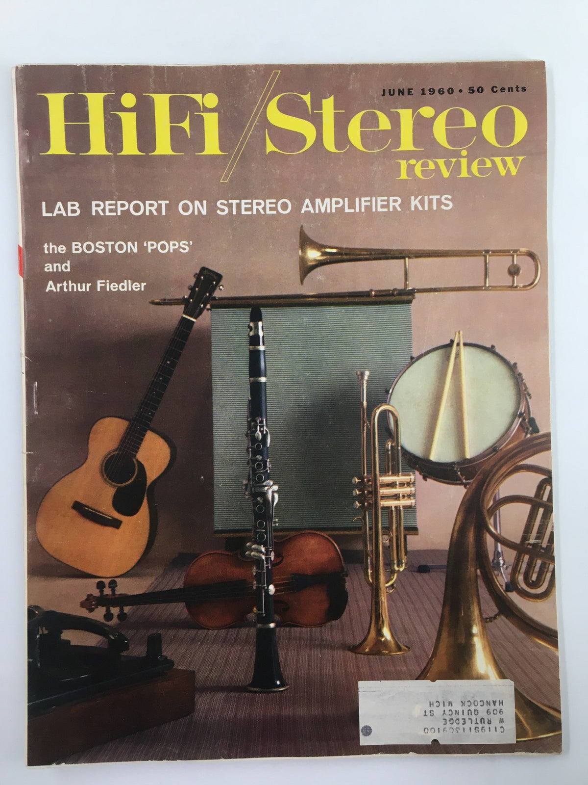 Cover of the VTG HiFi/Stereo Review Magazine from June 1960 featuring The Boston Pops and Arthur Fiedler, showcasing instruments like guitars, clarinet, and brass ensemble against a background of audio technology.