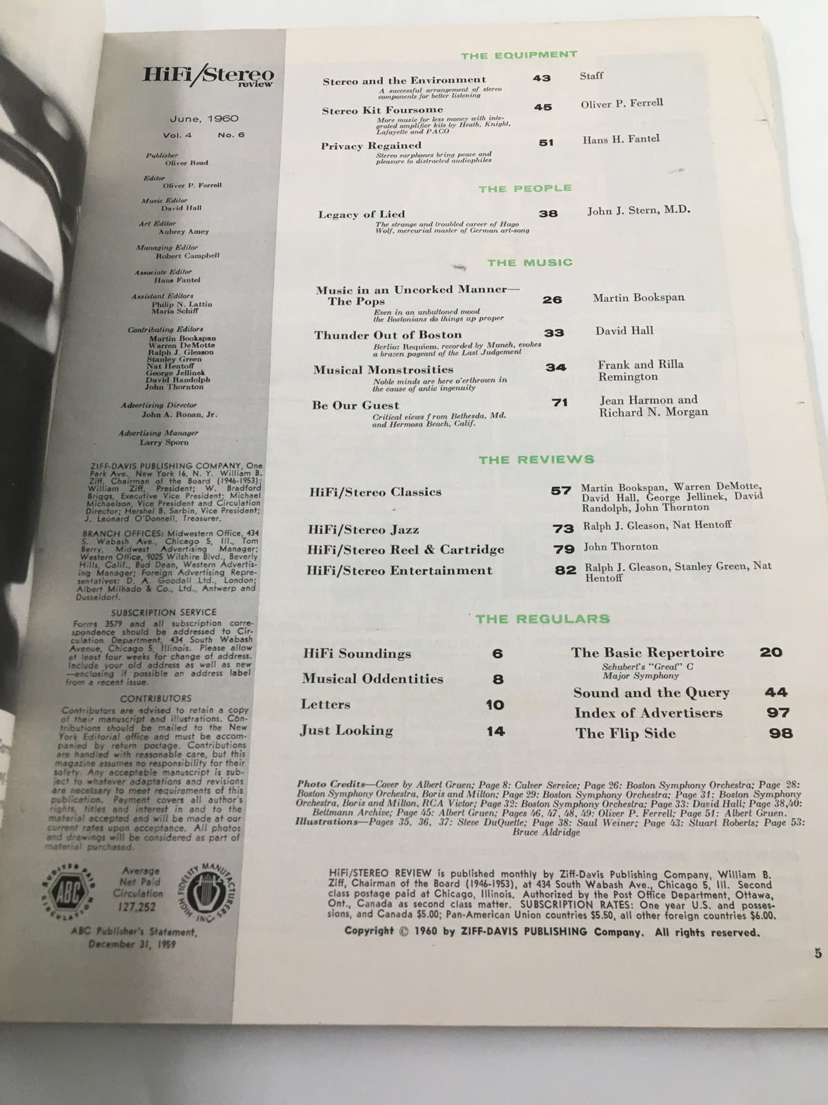 Inside page of the VTG HiFi/Stereo Review Magazine June 1960, displaying contents and articles related to The Boston Pops, Arthur Fiedler, and music technology.