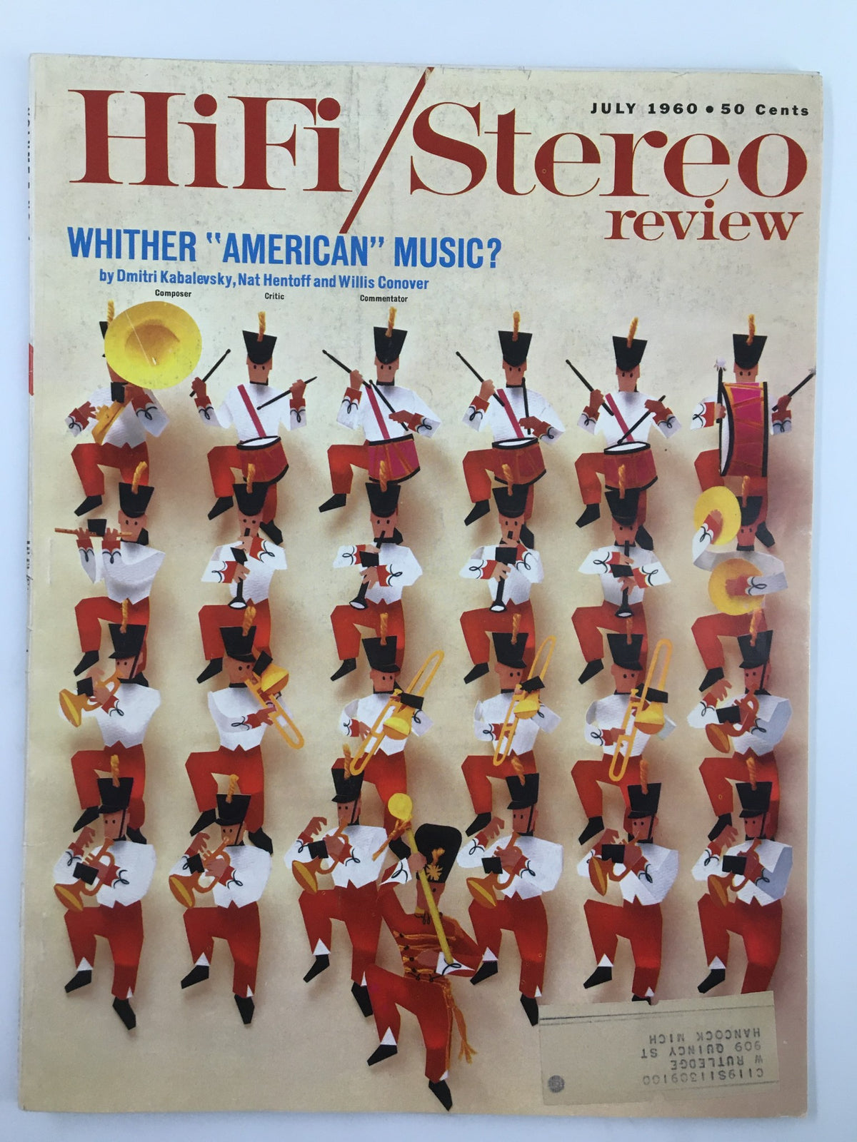 Cover of VTG HiFi/Stereo Review Magazine July 1960 featuring colorful illustrations of musicians and the title 'Whither "American" Music?' highlighting an iconic era in music history.