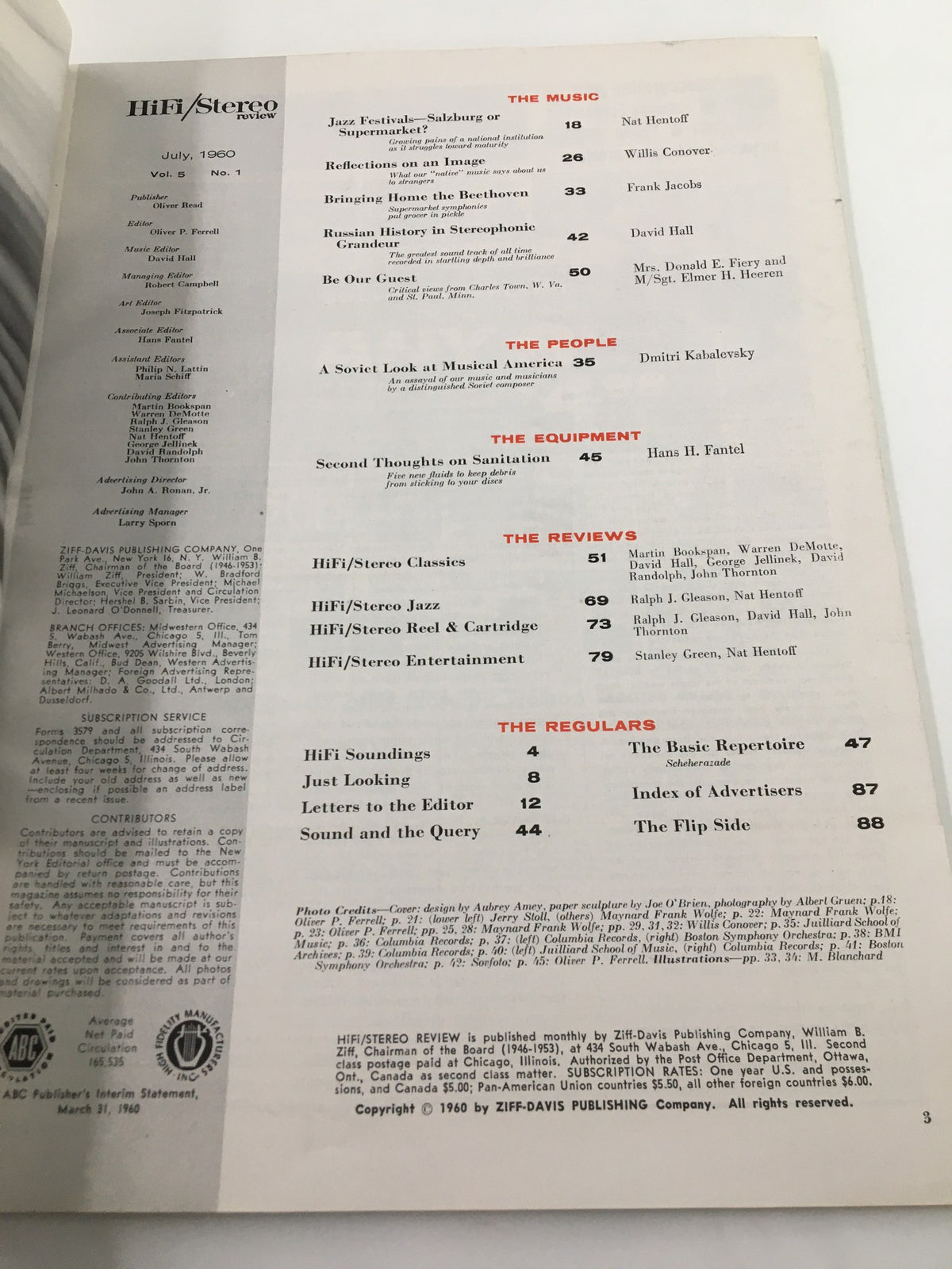 Contents page of VTG HiFi/Stereo Review Magazine July 1960 displaying article titles and contributors, showcasing the magazine's focus on music commentary and reviews.