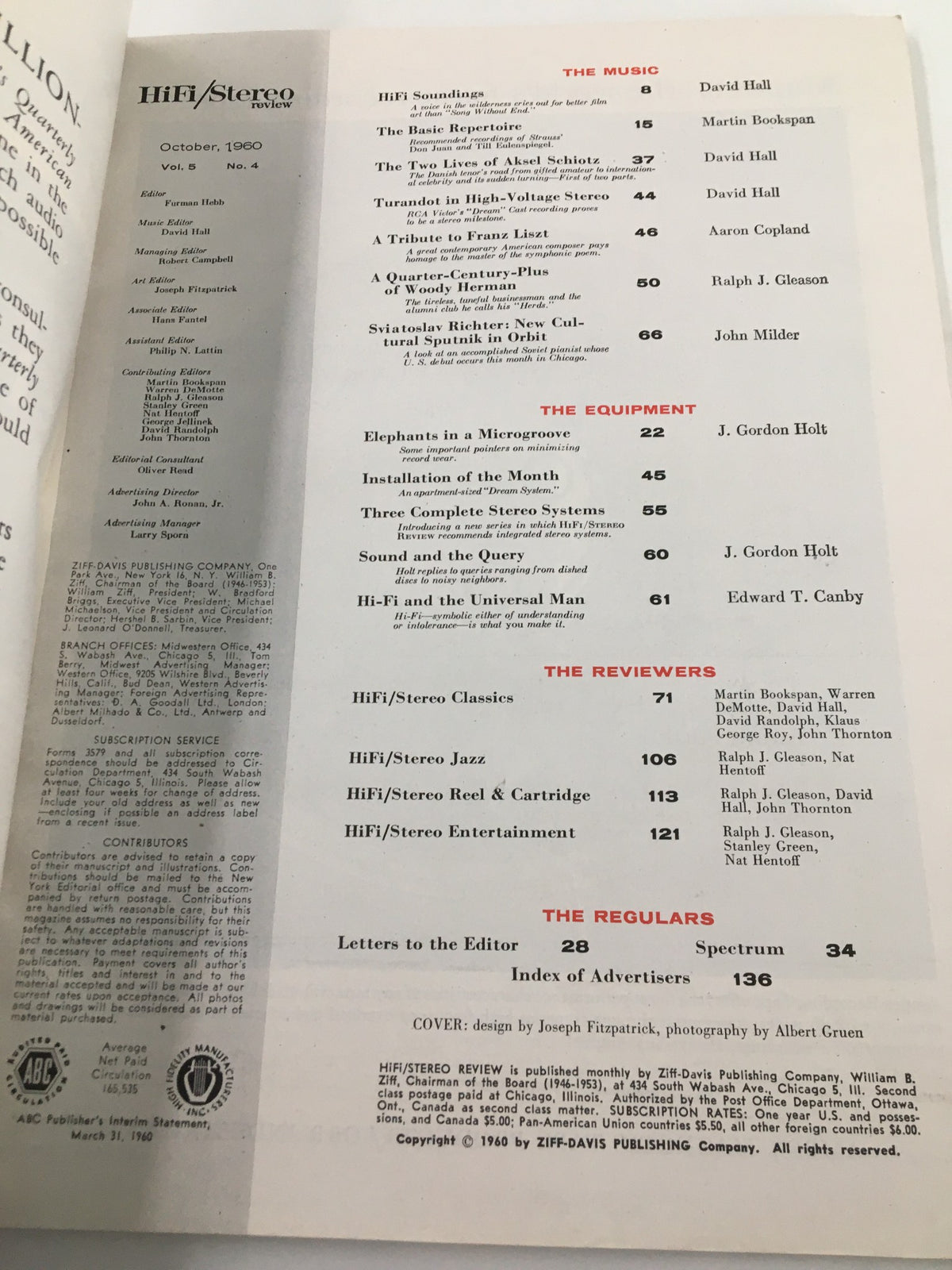 Table of contents from VTG HiFi/Stereo Review Magazine October 1960 highlighting featured articles and reviews on music and audio equipment.