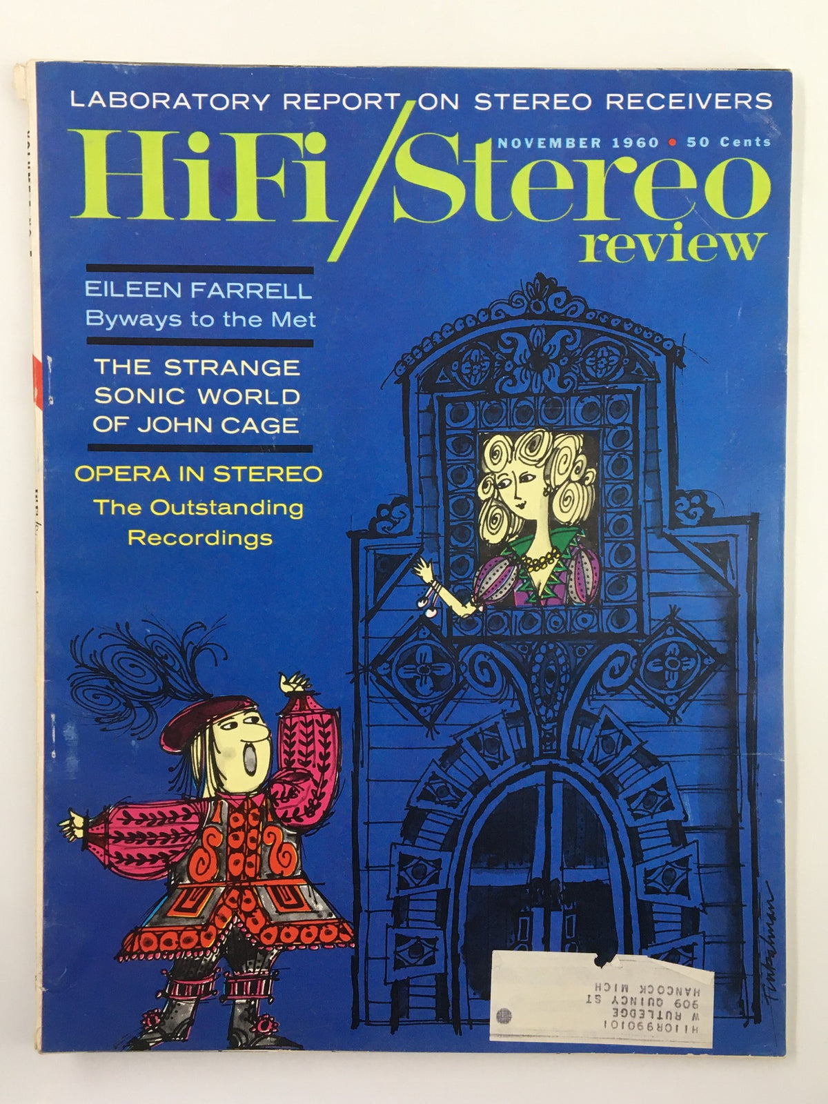 Cover of VTG HiFi/Stereo Review Magazine November 1960 featuring Eileen Farrell and vibrant artwork, discussing her journey to the Met, the sonic world of John Cage, and opera records.