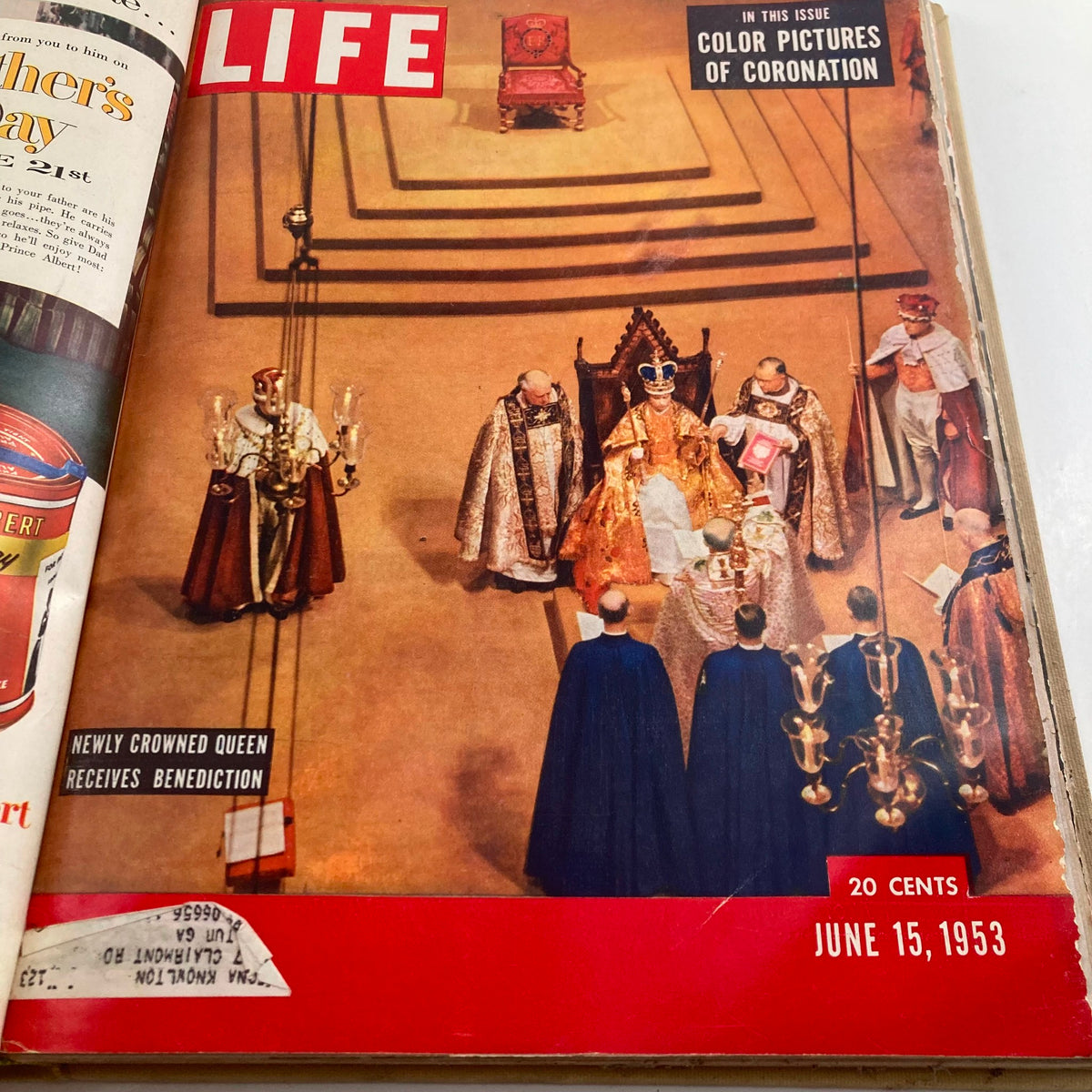Cover of VTG 1953 Bound LIFE Magazine, June 15 issue with a grand image of Queen Elizabeth II's coronation ceremony, reflecting historical events.