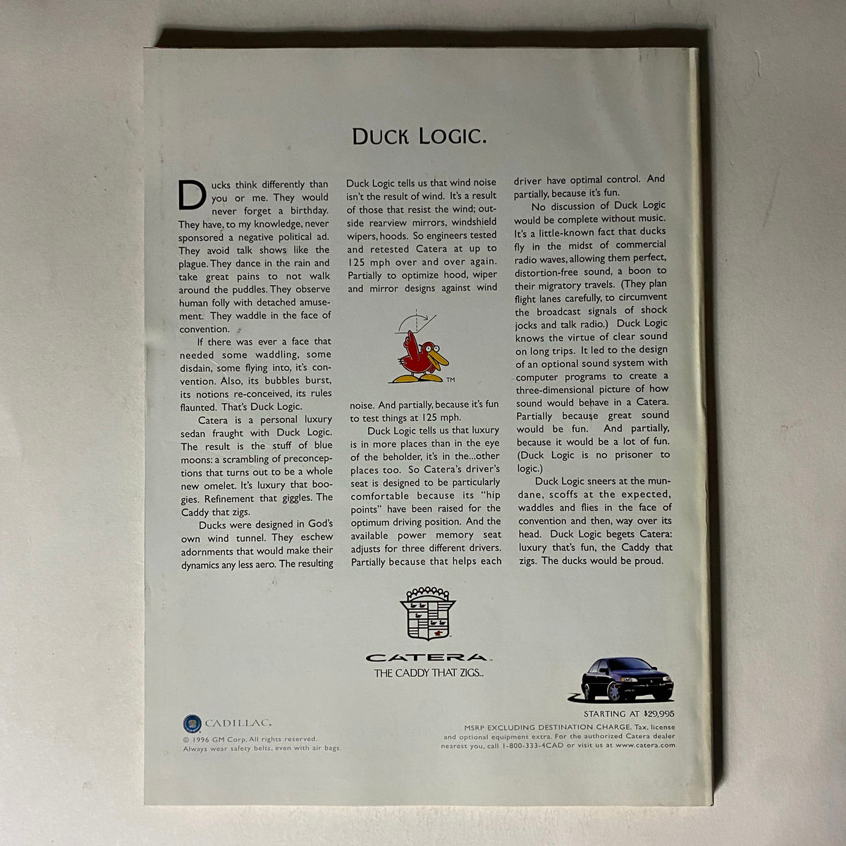 Back cover of Fortune Magazine March 31, 1997 featuring the Duck Logic advertisement for Cadillac's Catera, highlighting the innovative design and luxury features of the vehicle.