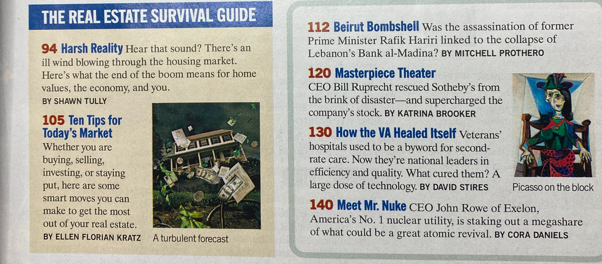 Inside spread of Fortune Magazine May 15, 2006, 'The Real Estate Survival Guide,' showcasing articles including 'Harsh Reality' and 'Ten Tips for Today’s Market.'